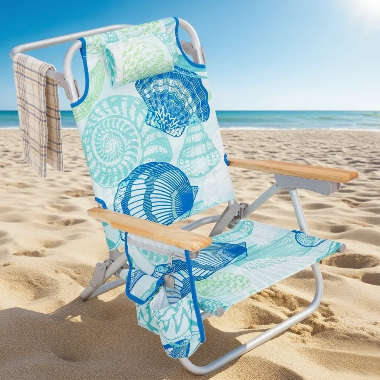 #WEJOY Low Beach Chair, Backpack Beach Chair, 4-Position Reclining Lawn Chairs, with Wooden Arms and Cooler Pouch, Foldable Camping Chair Max Load 265 lbs