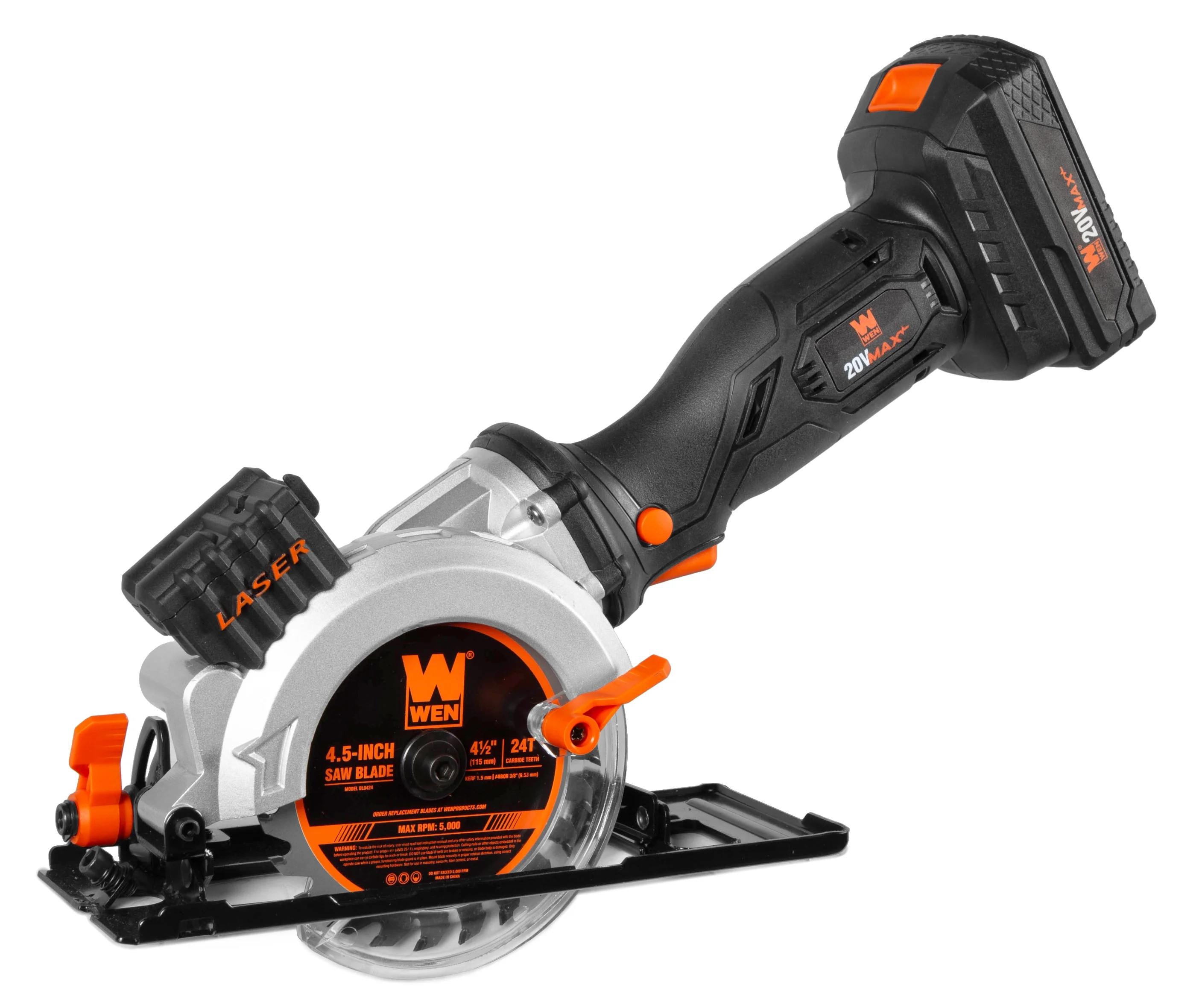 WEN 20V Max 4-1/2-Inch Cordless Mini Circular Saw with 2.0Ah Battery and Charger
