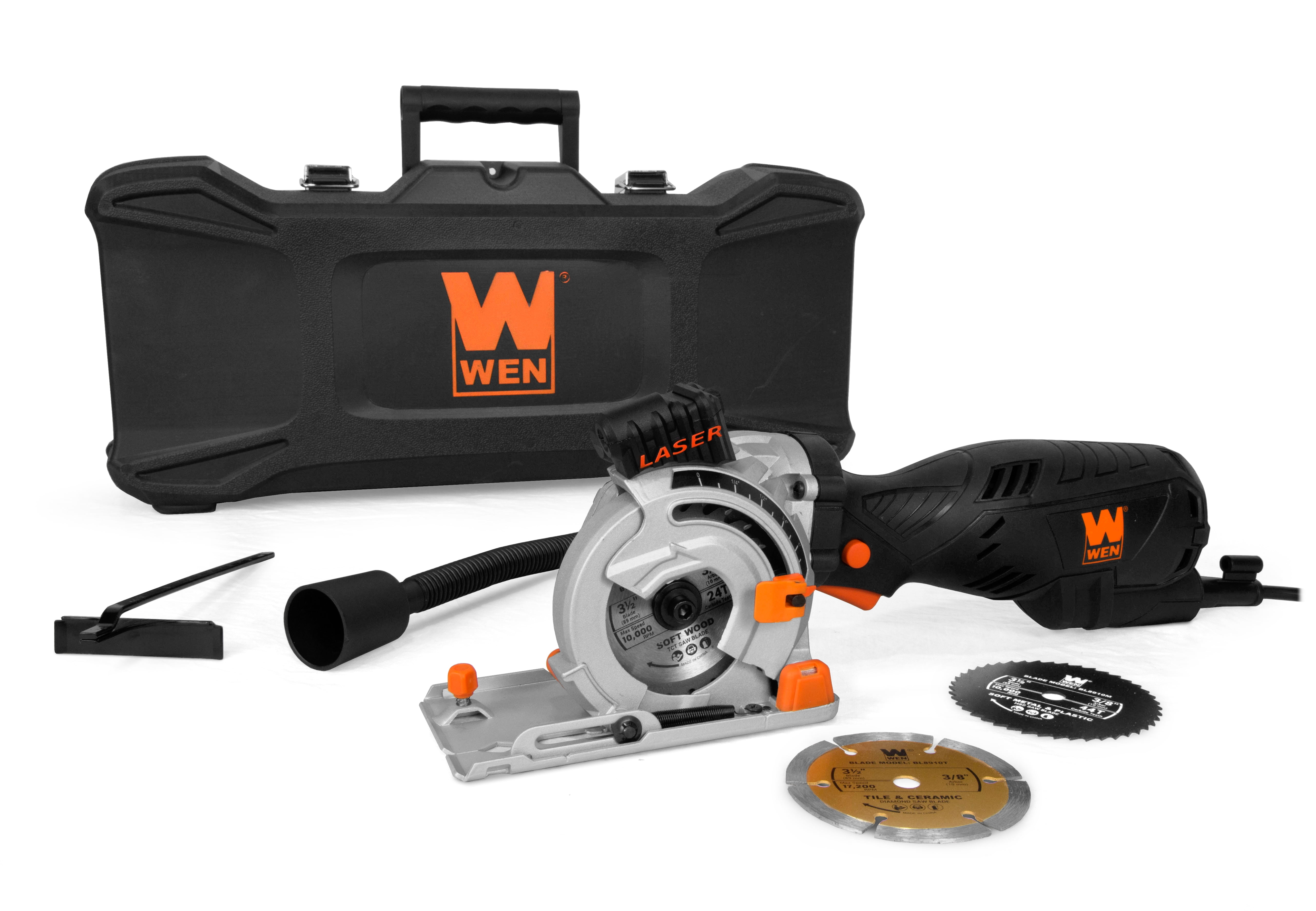 WEN 5-Amp 3-1/2-Inch Plunge Cut Compact Circular Saw with Laser, Carrying Case, and Three Blades, 3620