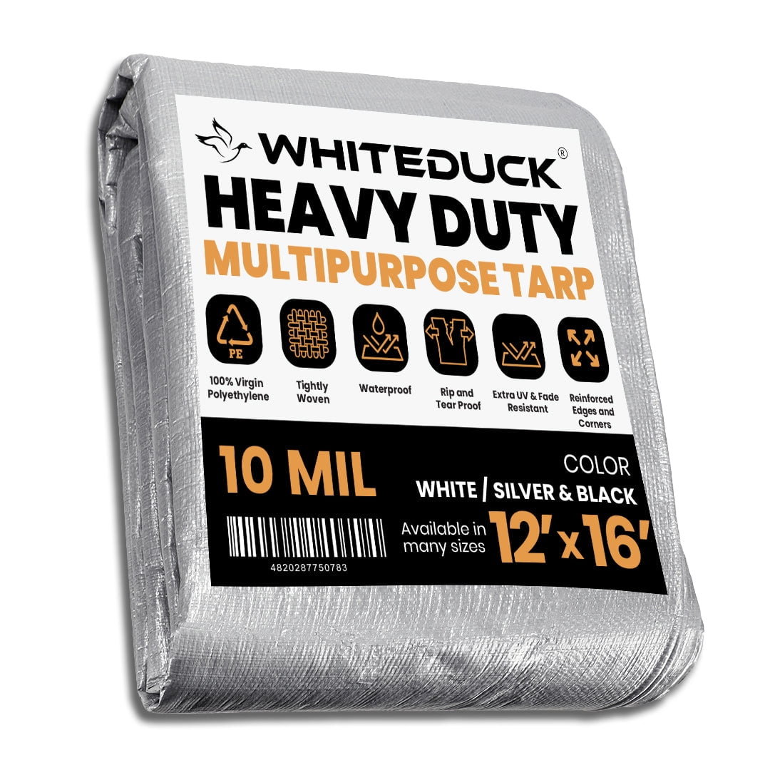 WHITEDUCK Super Heavy Duty Poly Tarp 10 Mil - Silver & Black Color -12'x16' - Thick Waterproof, UV Resistant, Rip and Tear Proof Tarpaulin with Grommets and Reinforced Edges