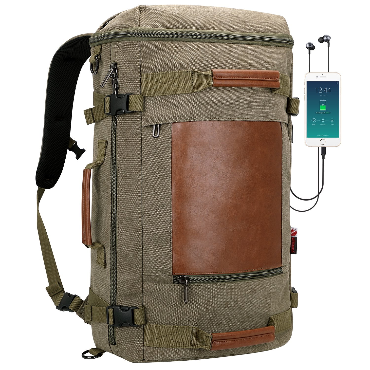 WITZMAN Travel Backpack with USB Charging Port Large Canvas Backpack Luggage Duffel Bag for Men 2063 Army Green