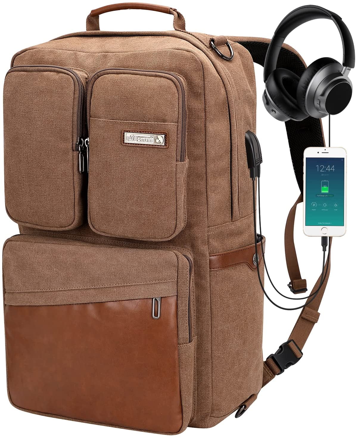 WITZMAN Vintage Canvas Duffel Backpack with USB Charging Port Unisex Large Luggage Bag for Travel 6617 Brown