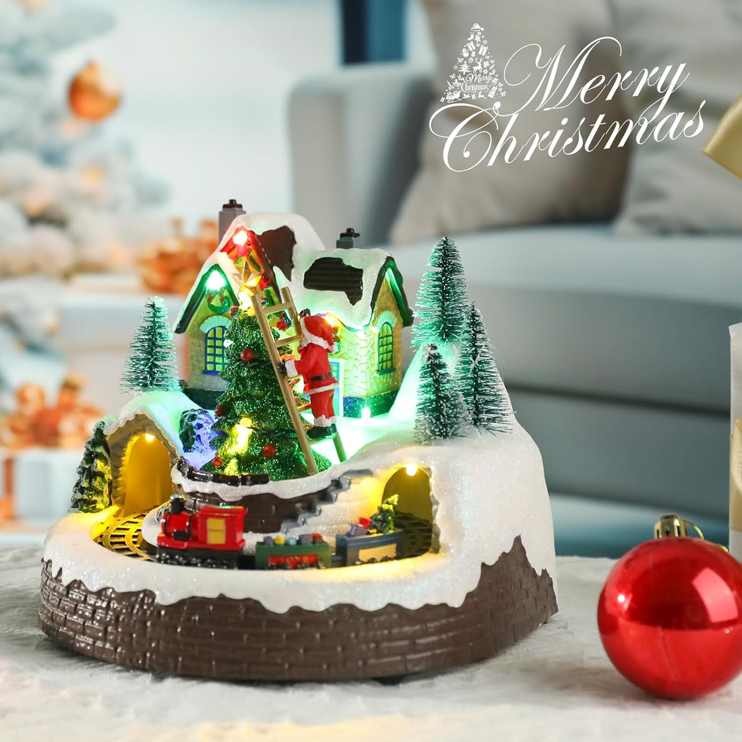 WONDER GARDEN Christmas Village Houses Collectible Buildings - Moving Train Around The Christmas Tree,Warm Light Musical Christmas Ornaments for Christmas Holiday Decorations