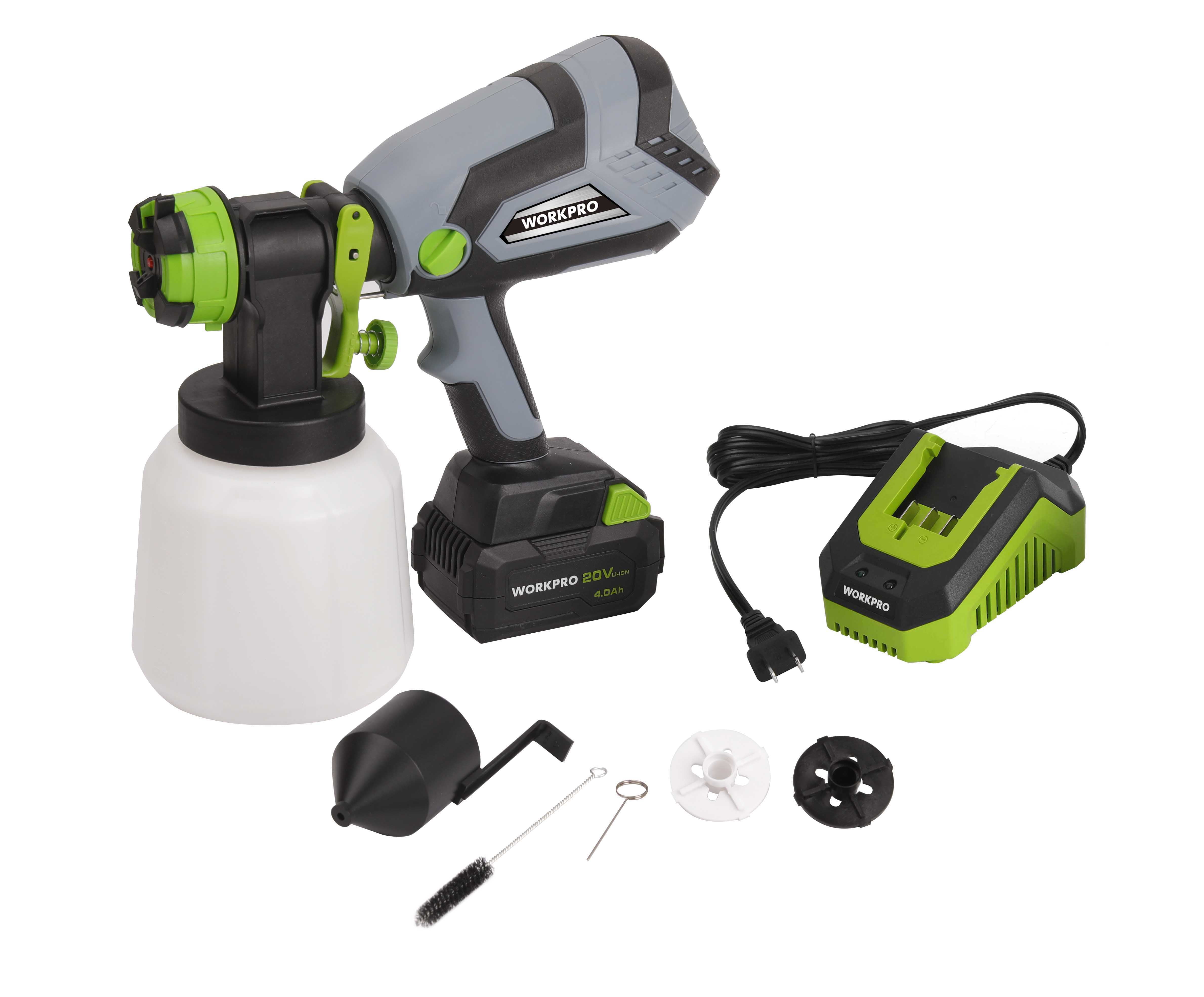 WORKPRO Cordless 20-Volt Paint Sprayer, 80 Watts, 14 GPH Max Flow Rate, Includes 4 Amp Lithium-Ion Battery and Battery Charger