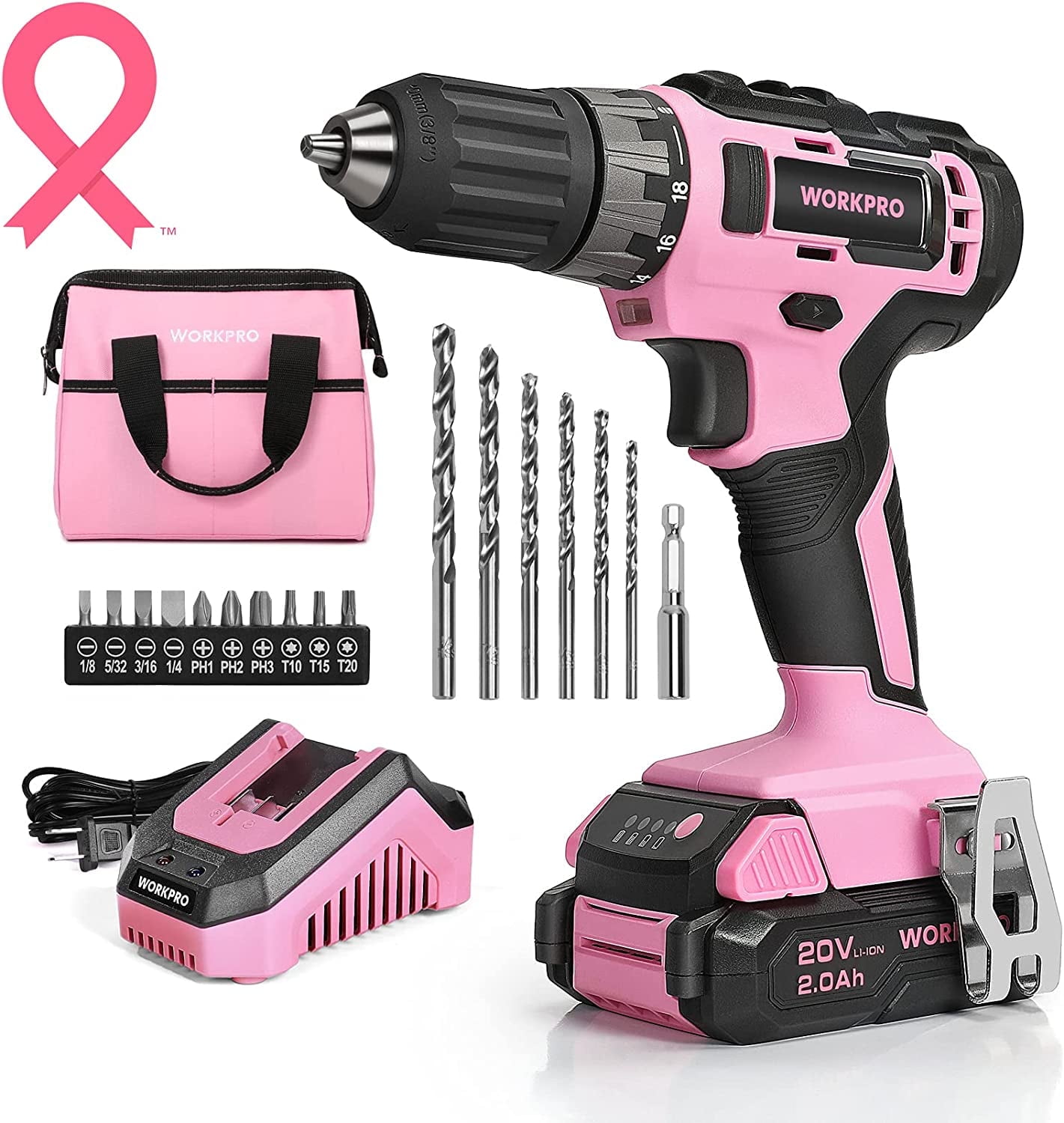 WORKPRO 20V Pink Cordless Drill Driver Set, 3/8” Keyless Chuck, 2.0 Ah Li-Ion Battery, 1 Hour Fast Charger and 11-inch Storage Bag Included