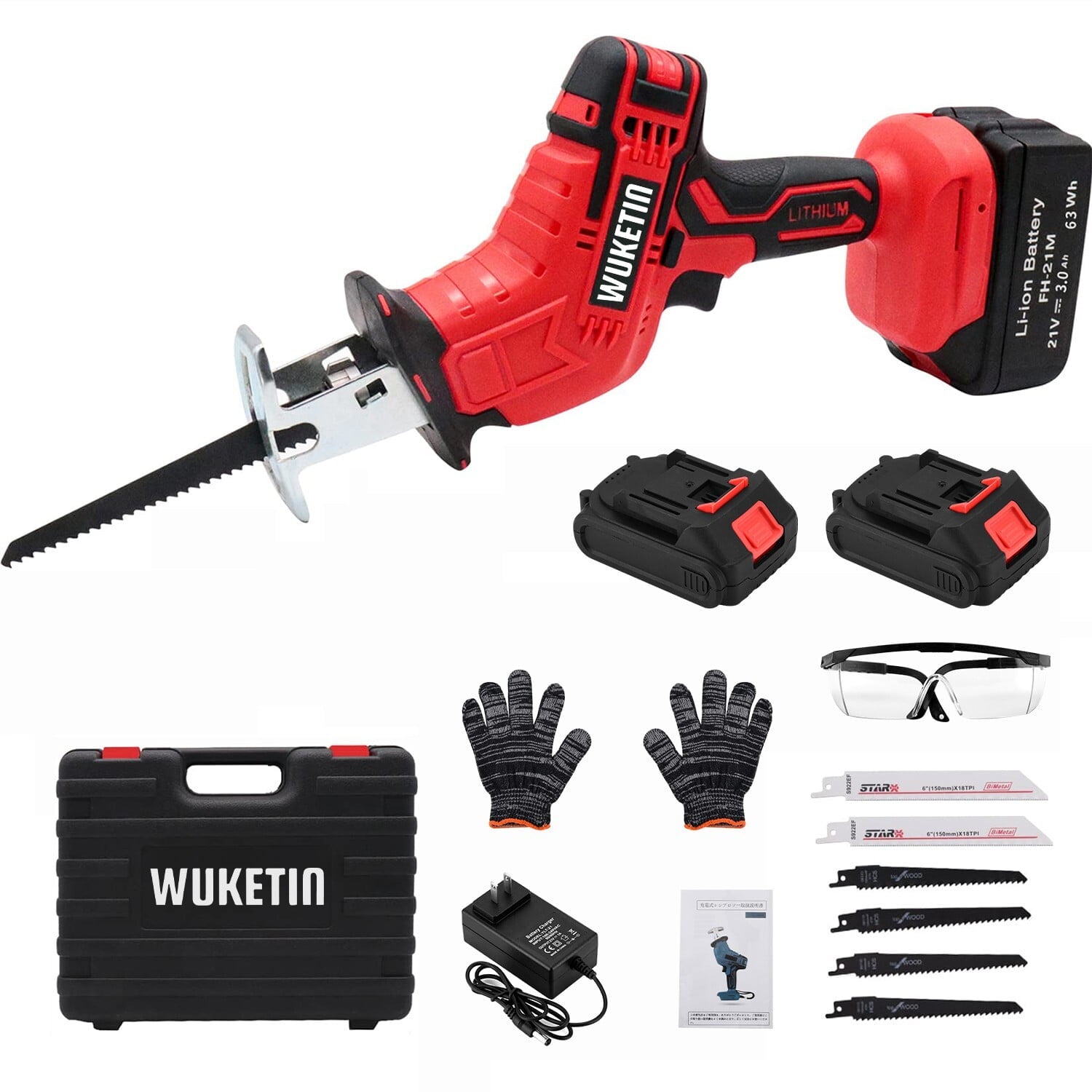 WUKETIN Cordless Reciprocating Saw 21V Reciprocating Saw with 2 Battery, 6 Saw Blades for Wood Metal PVC Bone Cutting