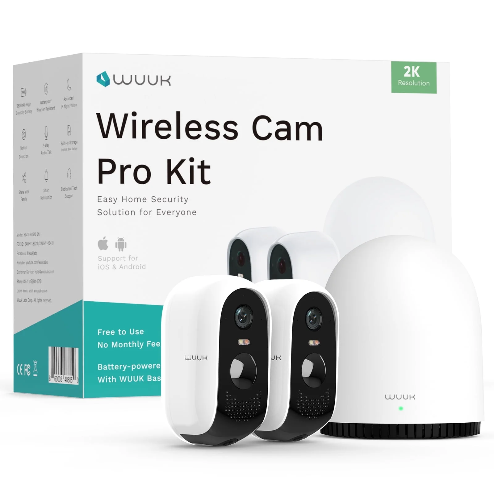 WUUK Security Camera Wireless 2K, Outdoor, Indoor, Homebase Included, No Monthly Fees, 32GB Storage, 2.4/5 GHz WiFi, 240 Days Battery Life, Night Vision, Compatible with Alexa & Google, 2 Cams Pack