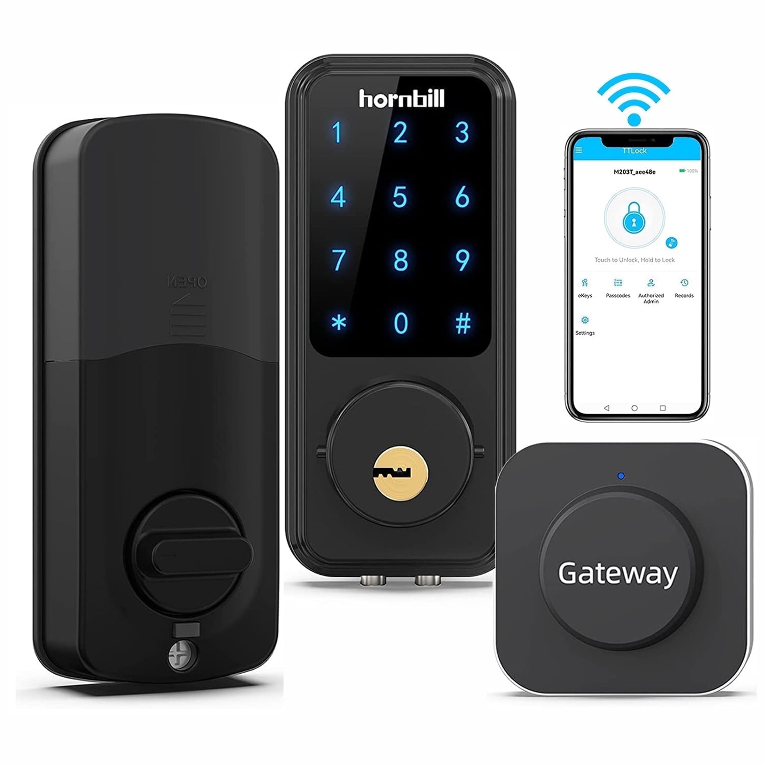 Wi-Fi & Bluetooth Smart Lock, Keyless Entry Smart Front Lock, hornbill Touch Screen Keypads, App Control, Auto Lock, Compatible with Alexa, Remotely Control (Included G2 Gateway)