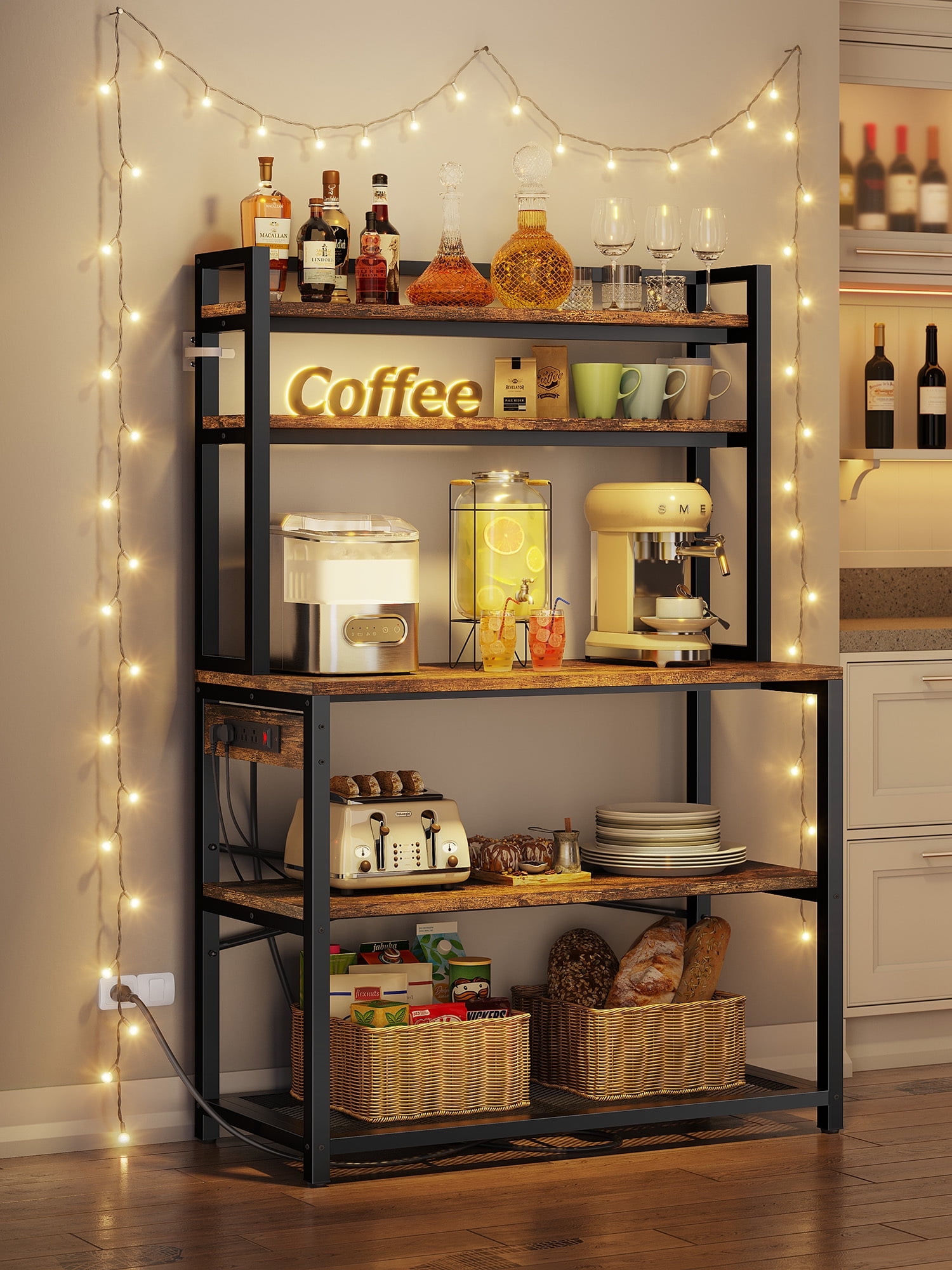 Wide Bakers Rack, ONE PIX 39.4"W Large 5-Tier Kitchen Rack with Power Outlet, Microwave Oven Rack, Brown