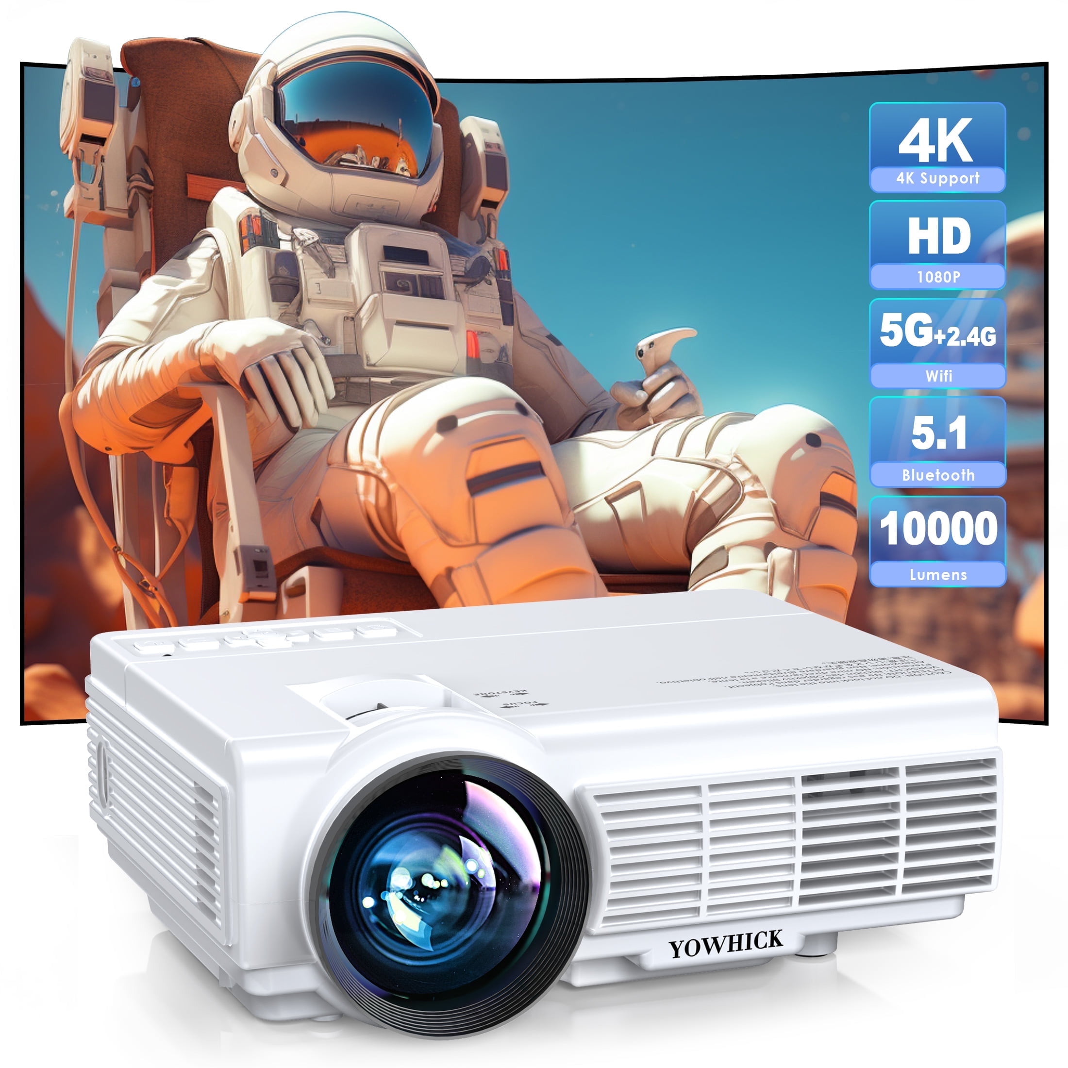 WiFi Bluetooth Projector, 10000LM HD Projector Support 4K, Home Theater Projector Support Mirror Screen