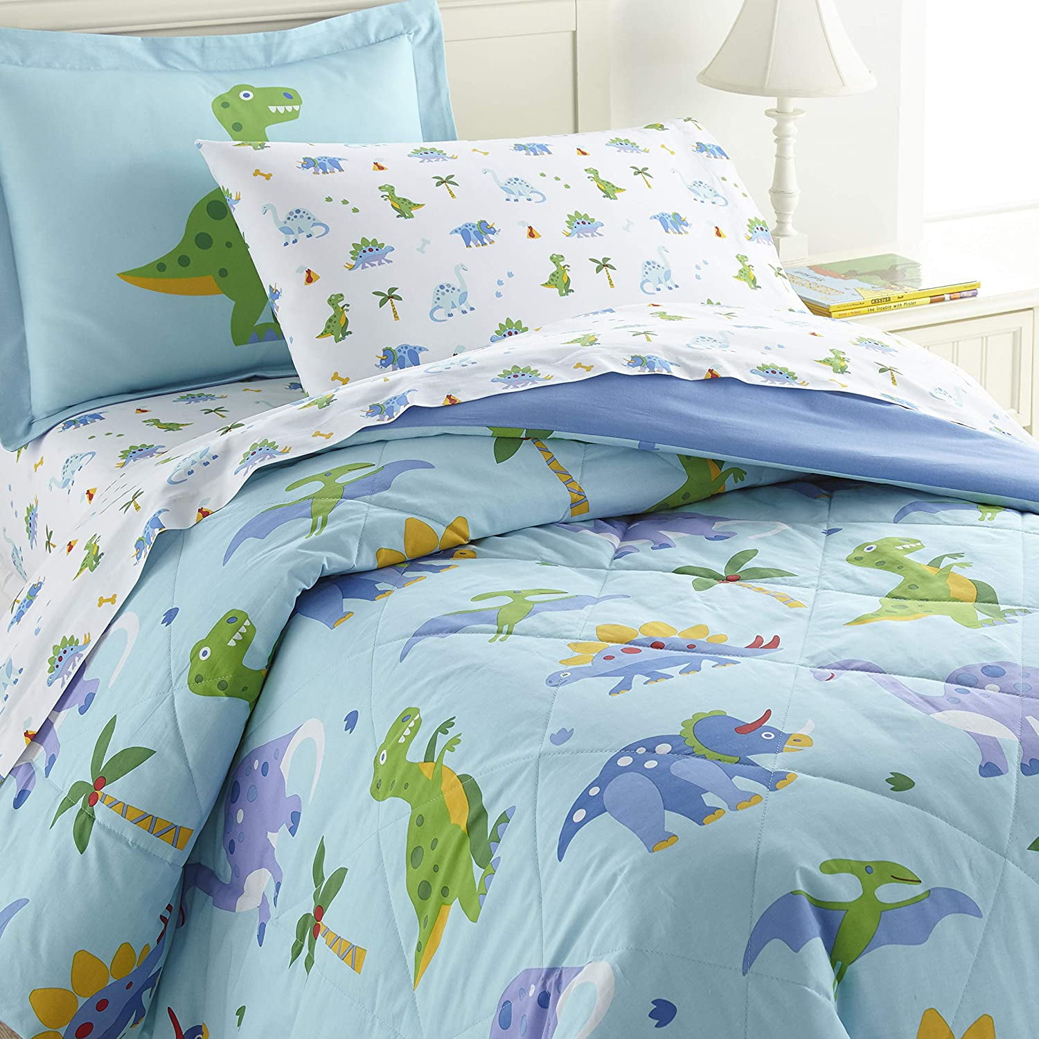 Wildkin Kids 100% Cotton Comforter Set for Boys and Girls, Includes Full Comforter and Two Shams (Dinosaur Land Blue)
