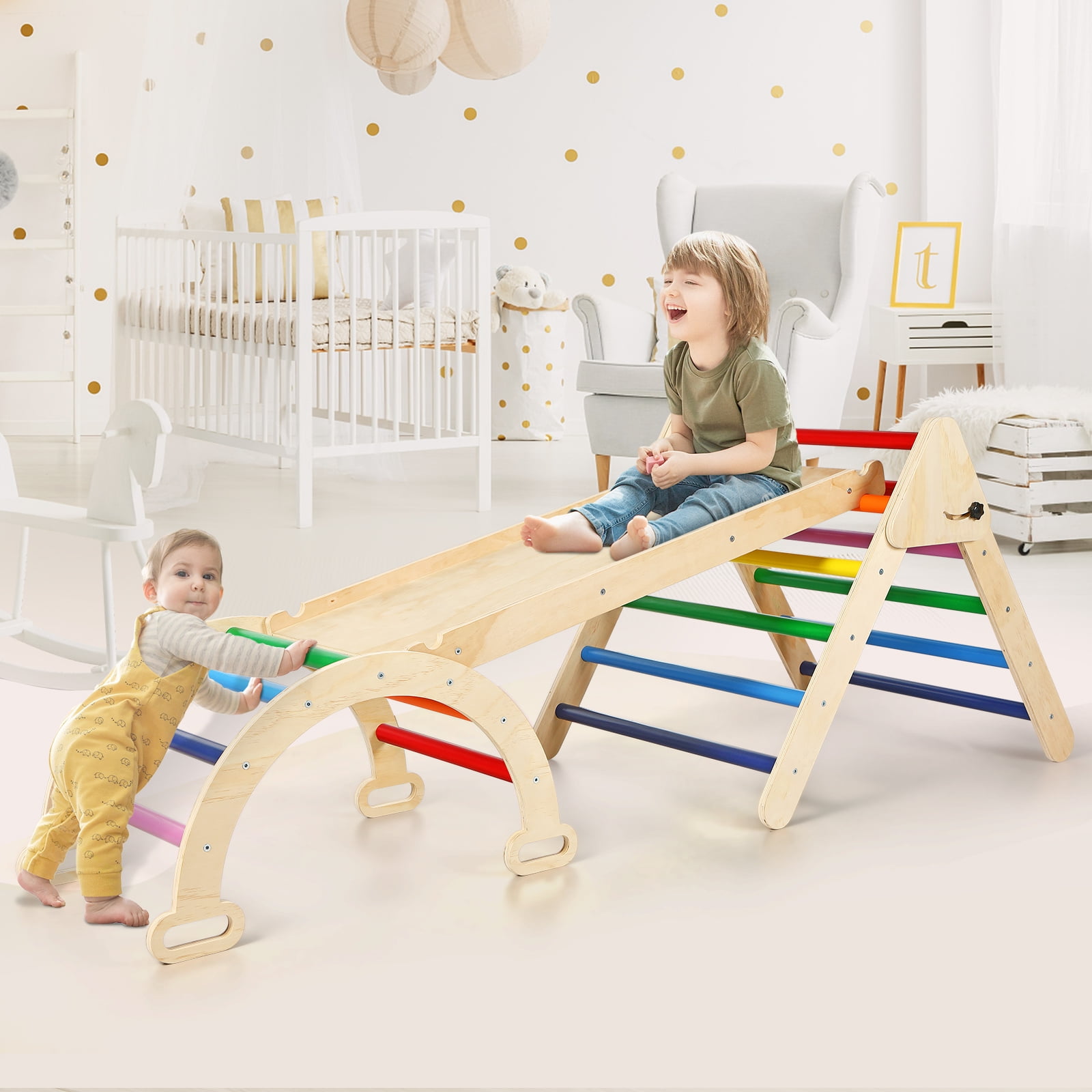 Wilwolfer 3 in 1 Climbing Toys for 1-3 Years Toddlers Montessori Wood Toys Set with Climbing Triangle & Ramp & Arch Indoor Outdoor