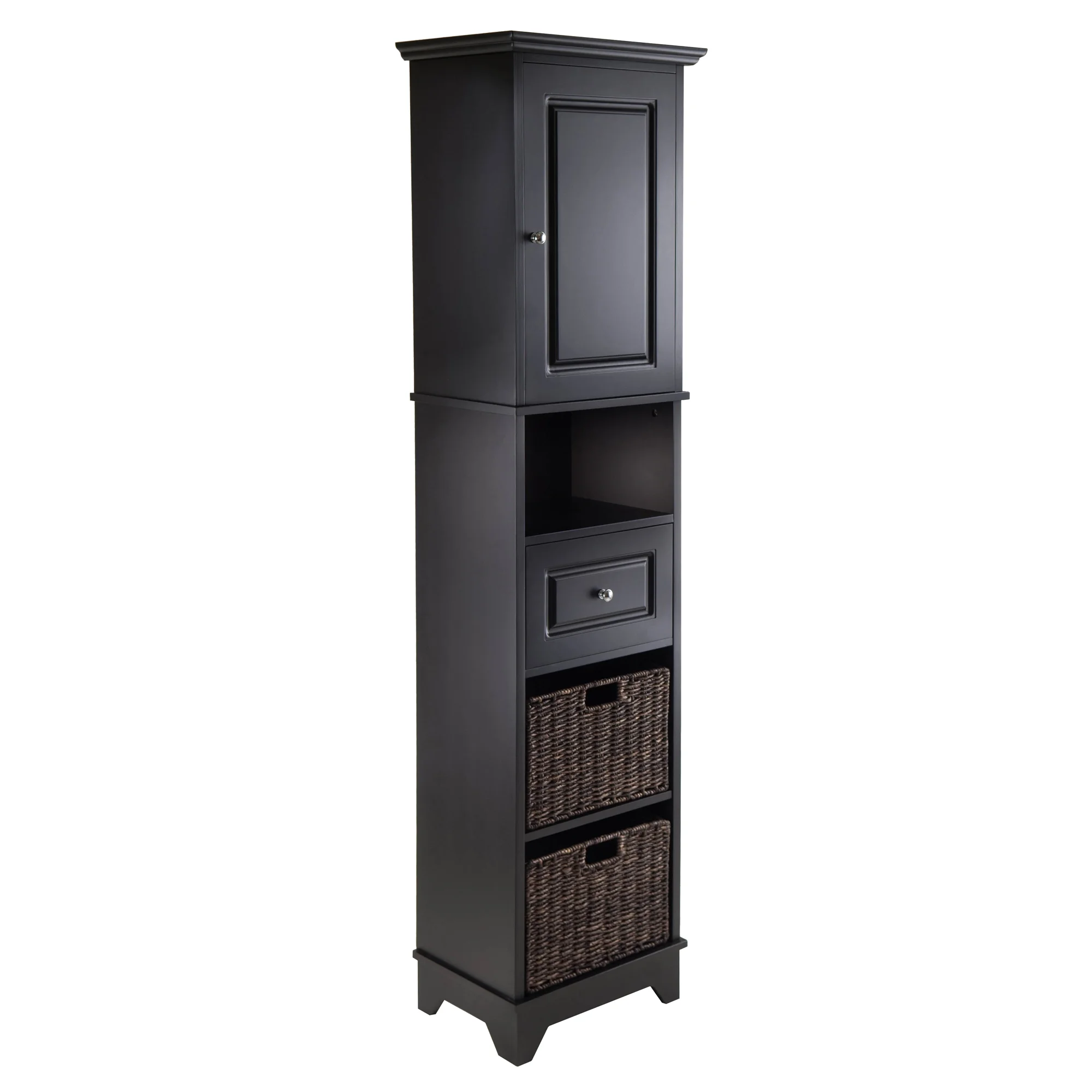 Winsome Wyatt Tall Cabinet, 2 Corn Husk Baskets, Black Finish