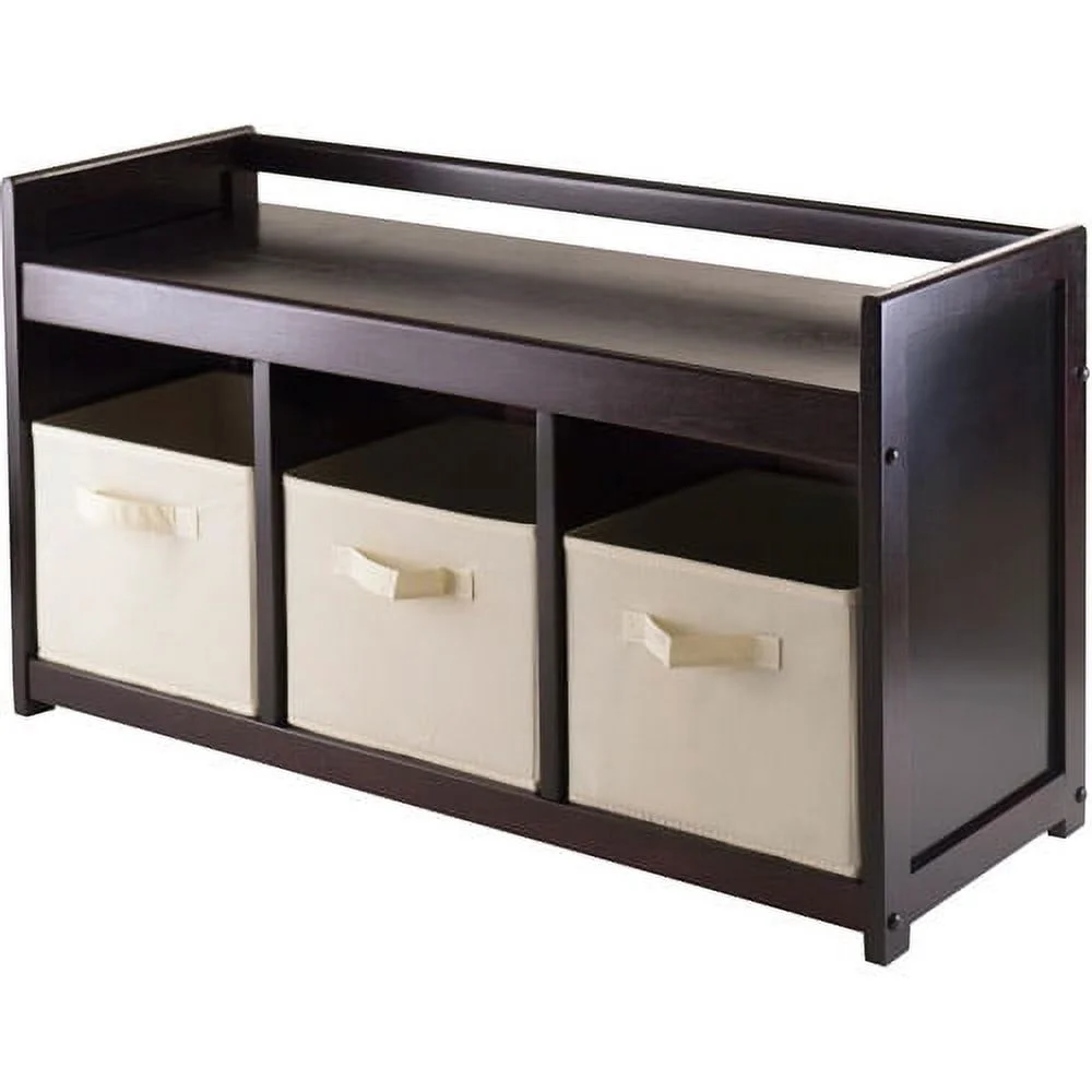 Winsome Addison 4-Pc Set, Storage Bench & 3 Foldable Beige Fabric Baskets, Espresso Finish