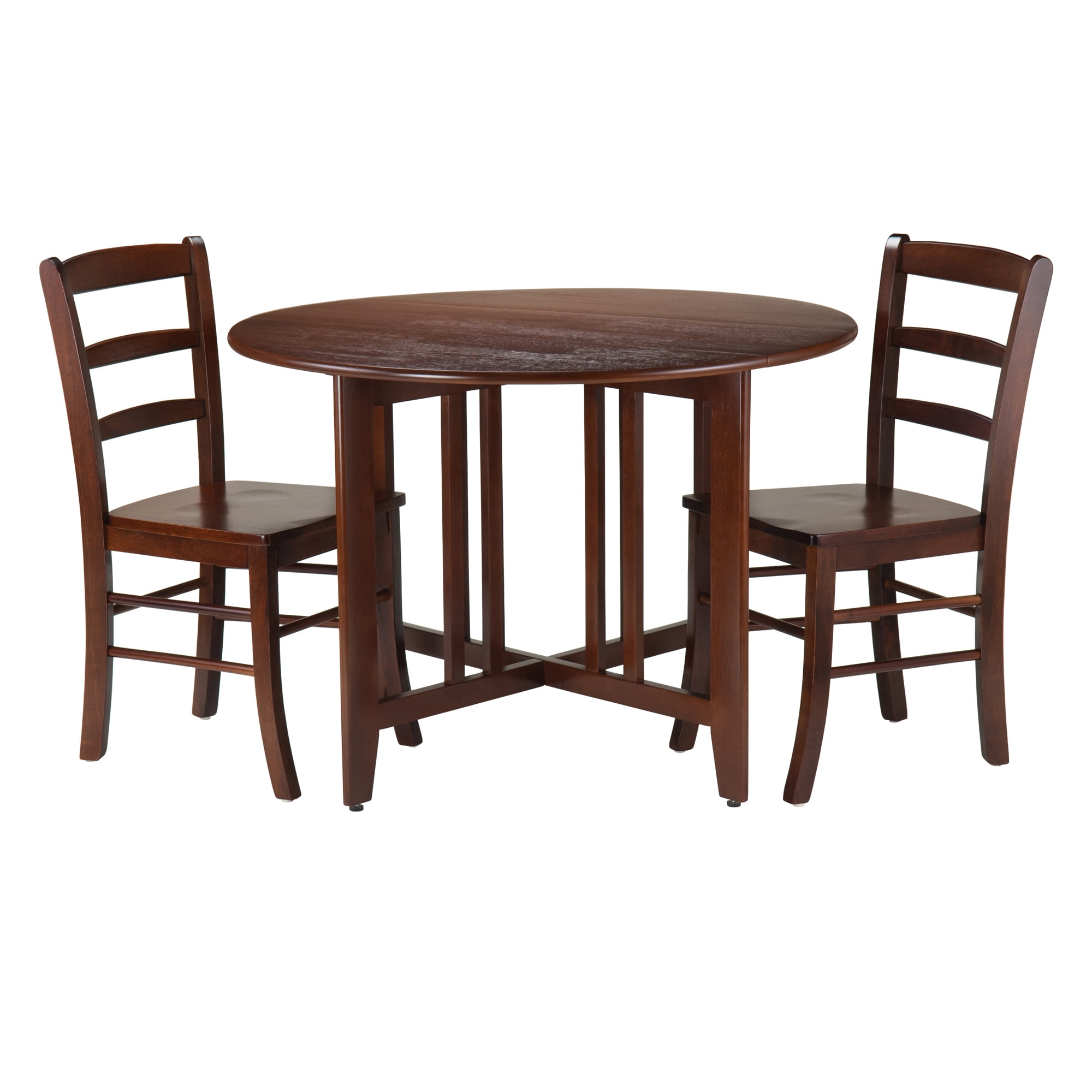 Winsome Wood Alamo 3-Pc Dining Set, Round Drop Leaf Table & 2 Ladder Back Chairs, Walnut Finish