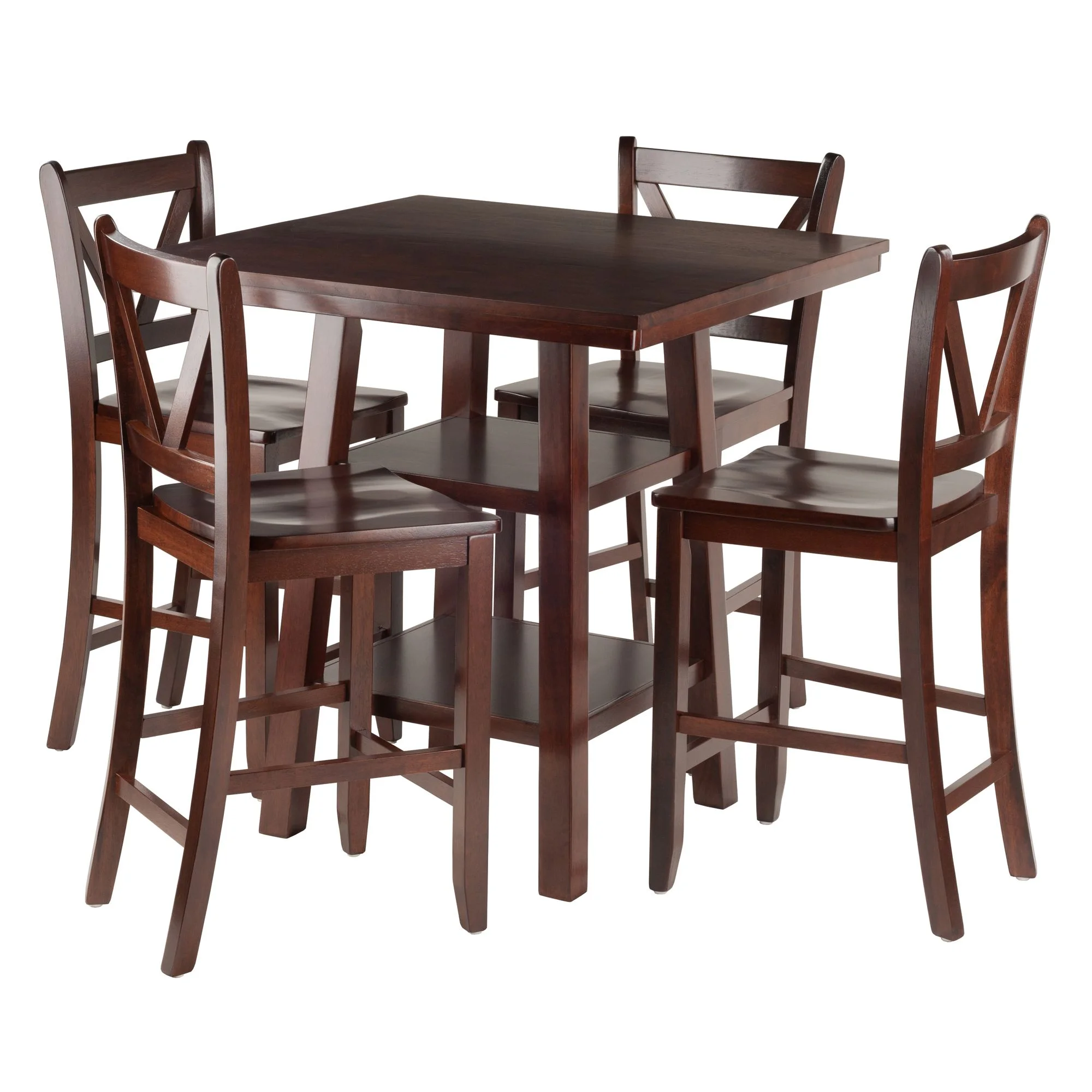 Winsome Wood Orlando 5-Pc Set High Table, 2 Shelves & 4 V-Back Counter Stools, Walnut Finish