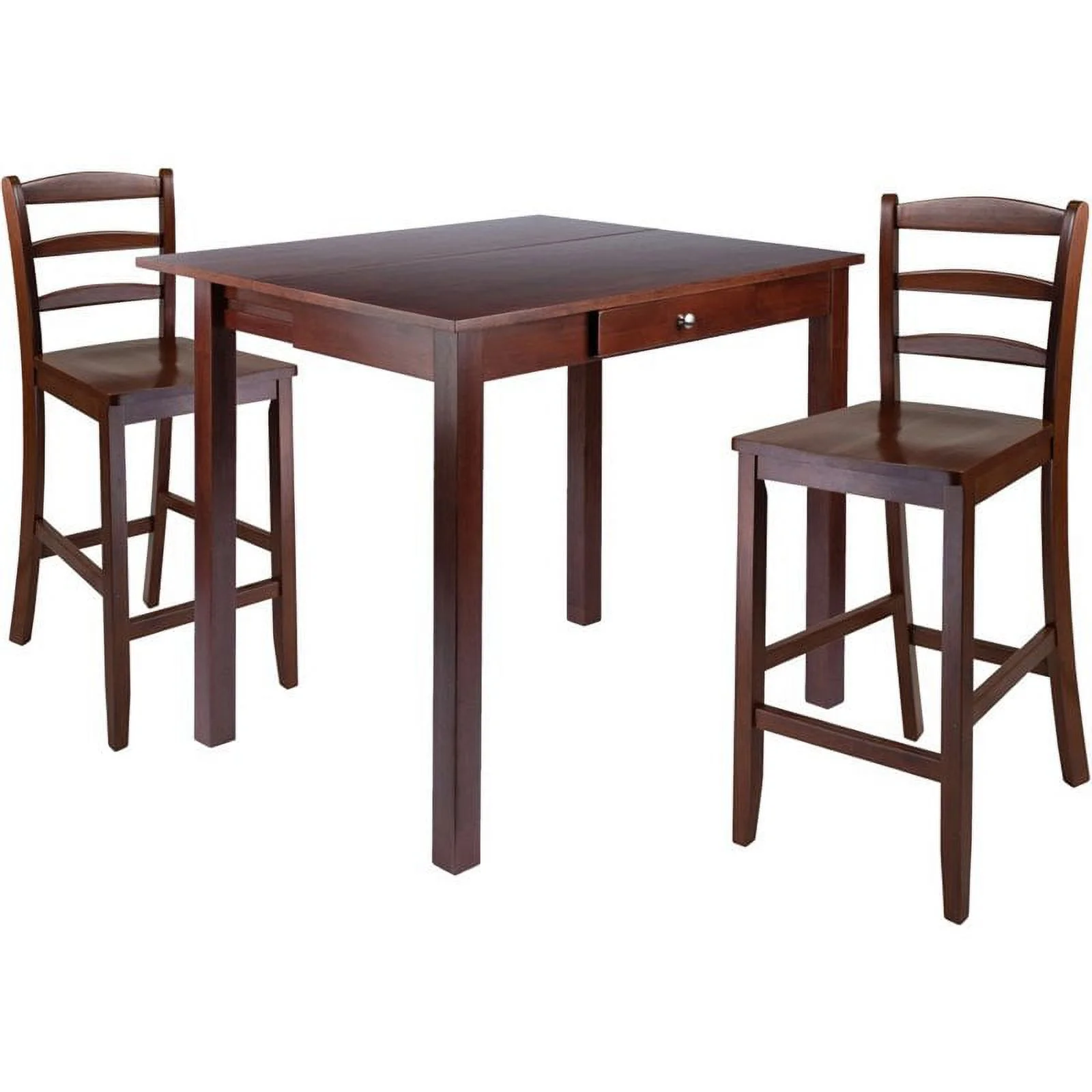 Winsome Wood Perrone 3-Pc Dining Set, High Drop Leaf Table & 2 Ladder-back Counter Stools, Walnut Finish
