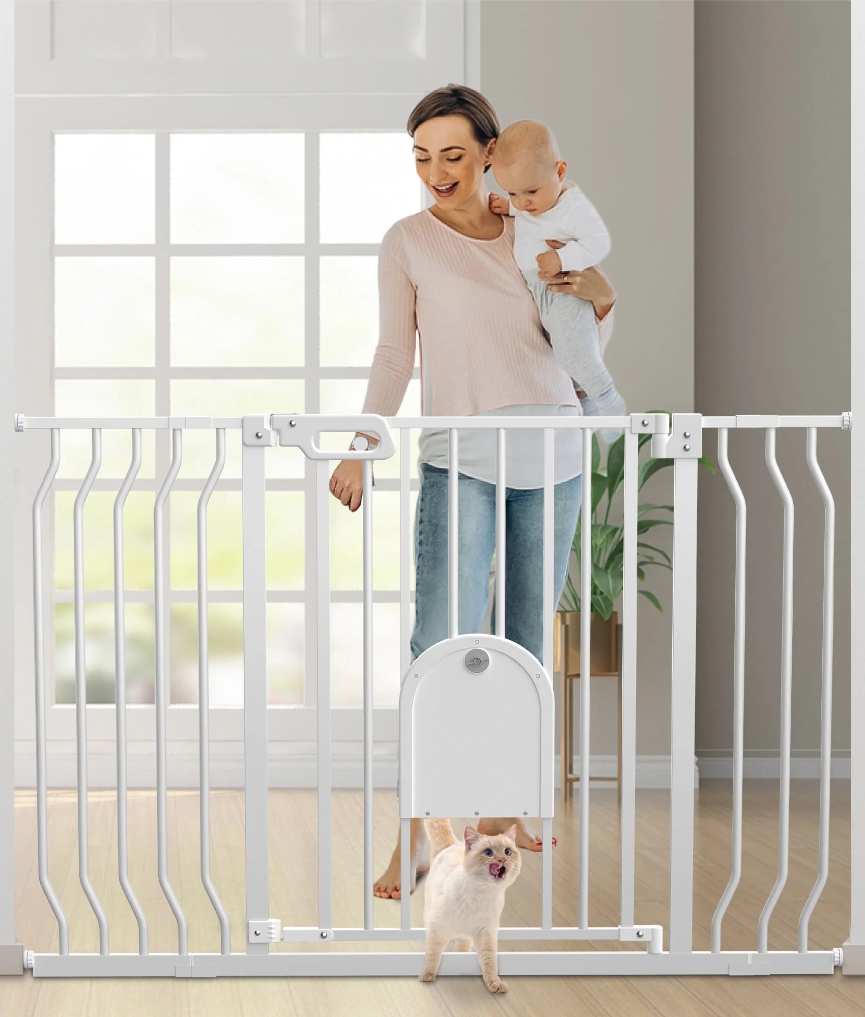 Wisairt Extra Wide Metal Baby Safe Gate with Pet Door for Stairway and Hallway,for Baby Toddler Children Age Group 6 to 24 Months(White)
