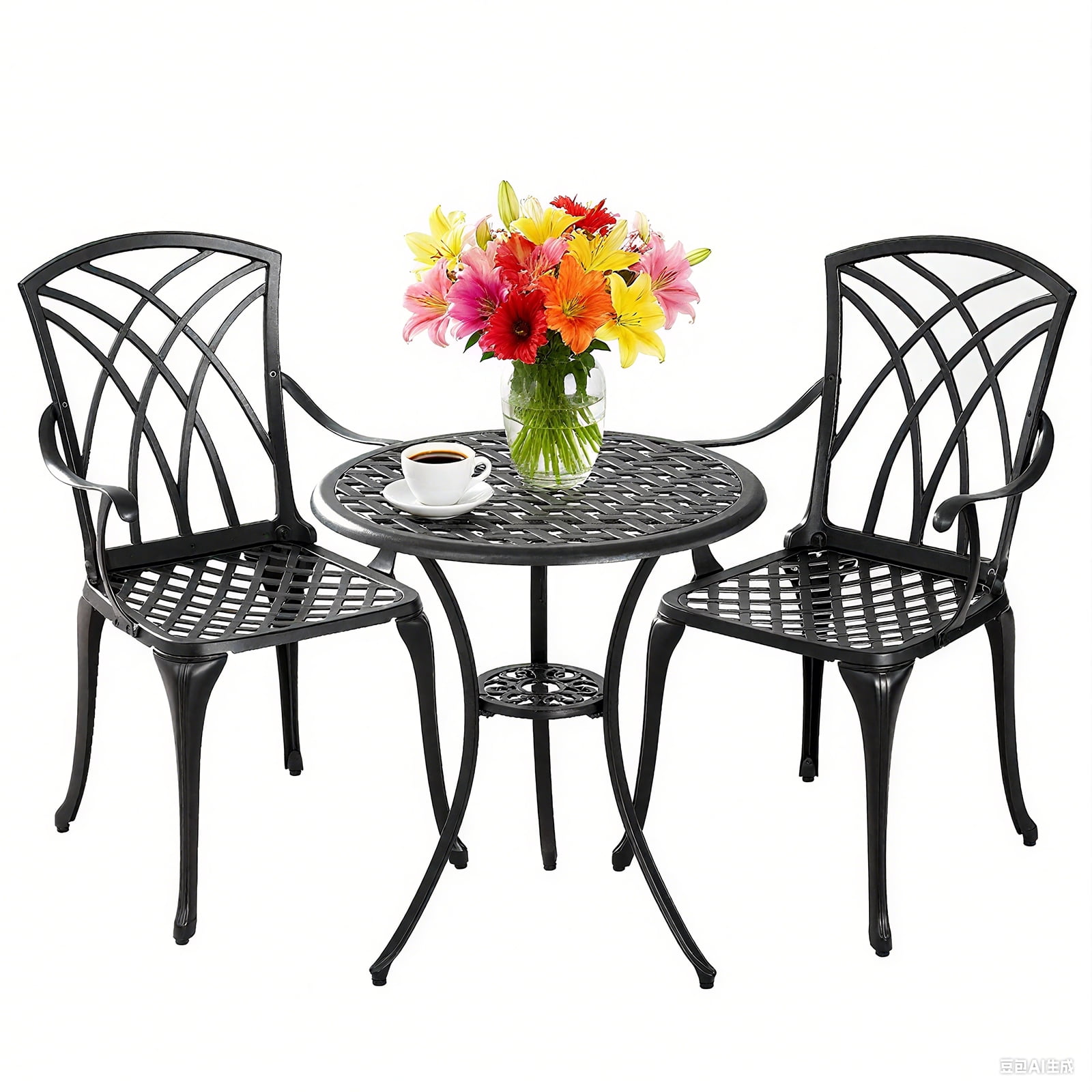 Withniture 3-Piece Cast Aluminum Patio Bistro Furniture Set, Patio Bistro Set with Umbrella Hole Rust-Resistant Outdoor Bistro Set, Black