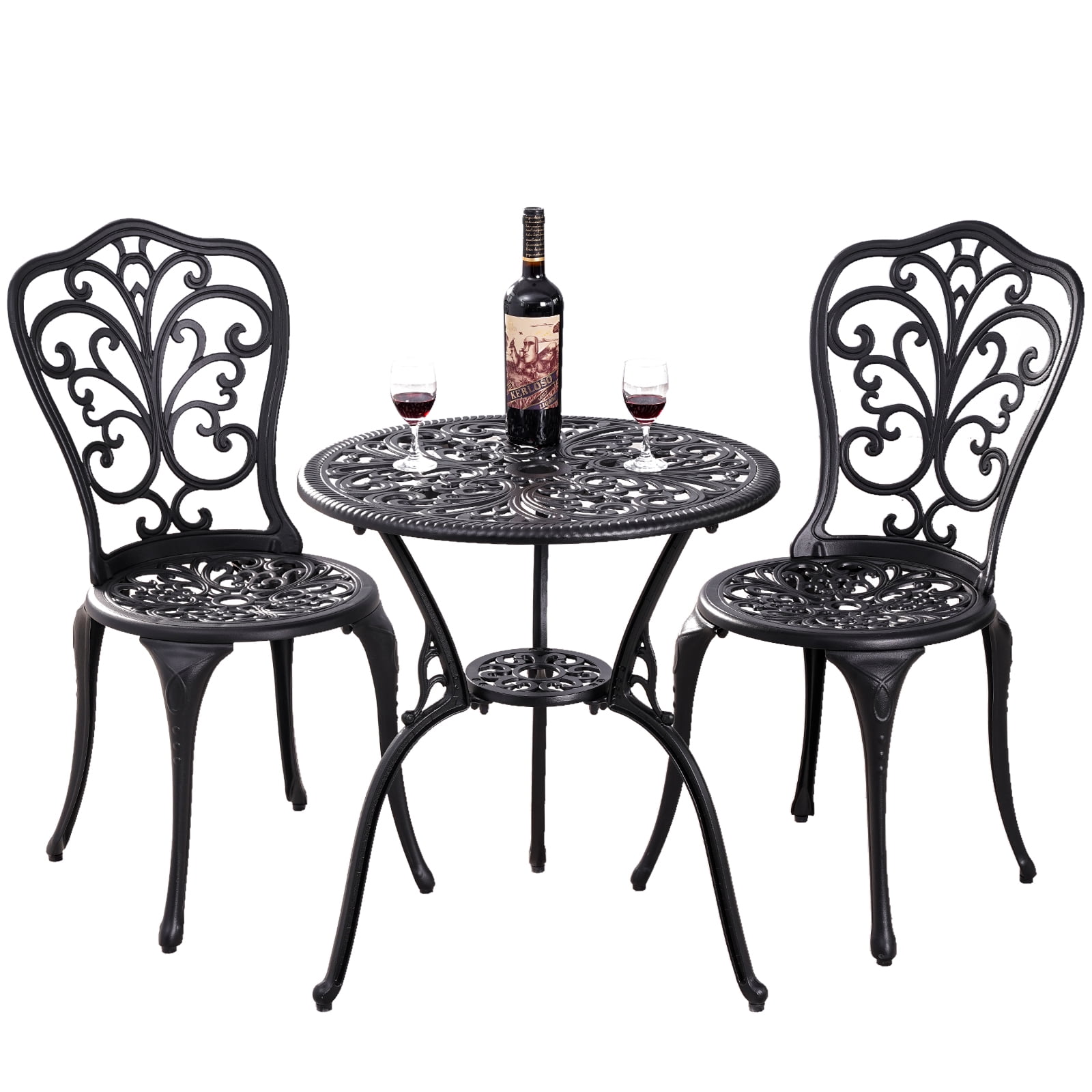 Withniture 3 Piece Outdoor Bistro Set, All Weather Cast Aluminum Patio Dining Table and Chairs with 2" Umbrella Hole, Black