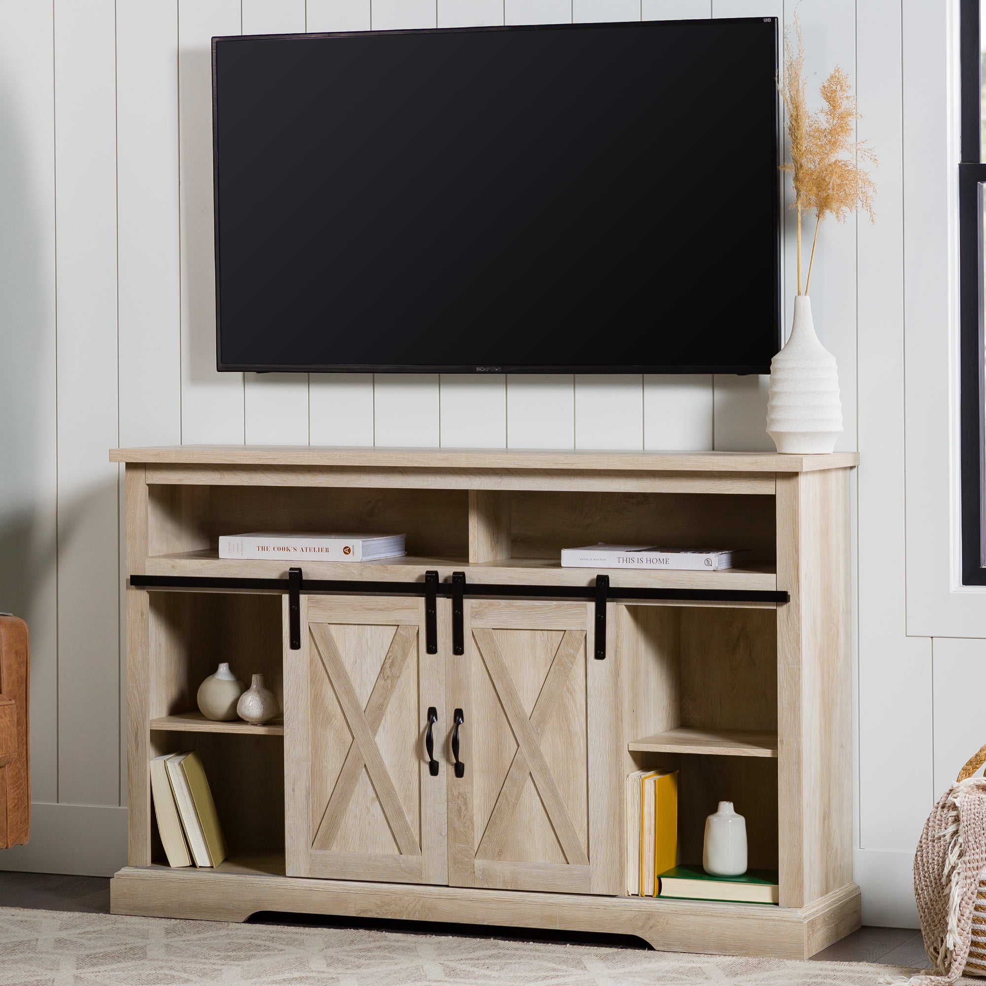 Woven Paths Farmhouse Barn Door TV Stand for TVs up to 60", White Oak