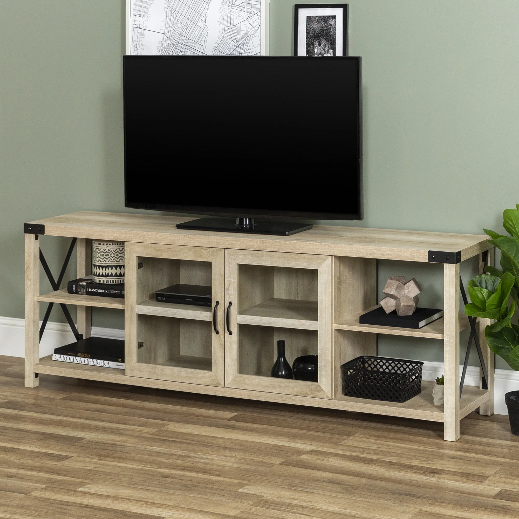 Woven Paths Farmhouse 2-Door Metal X TV Stand for TVs up to 80", White Oak