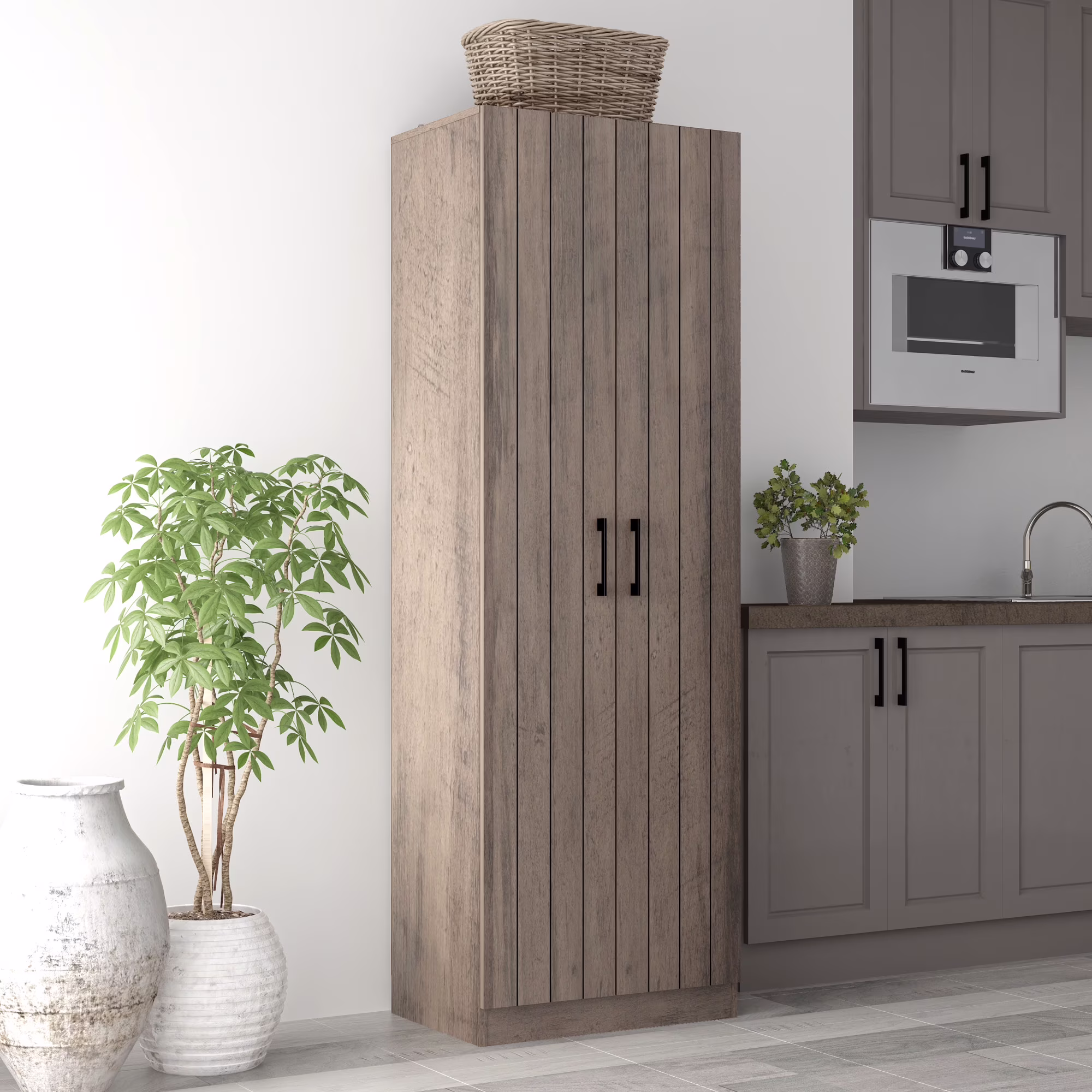 Woven Paths Lancaster Wood Kitchen Pantry with 2 Doors and 4 Shelves, Gray Oak