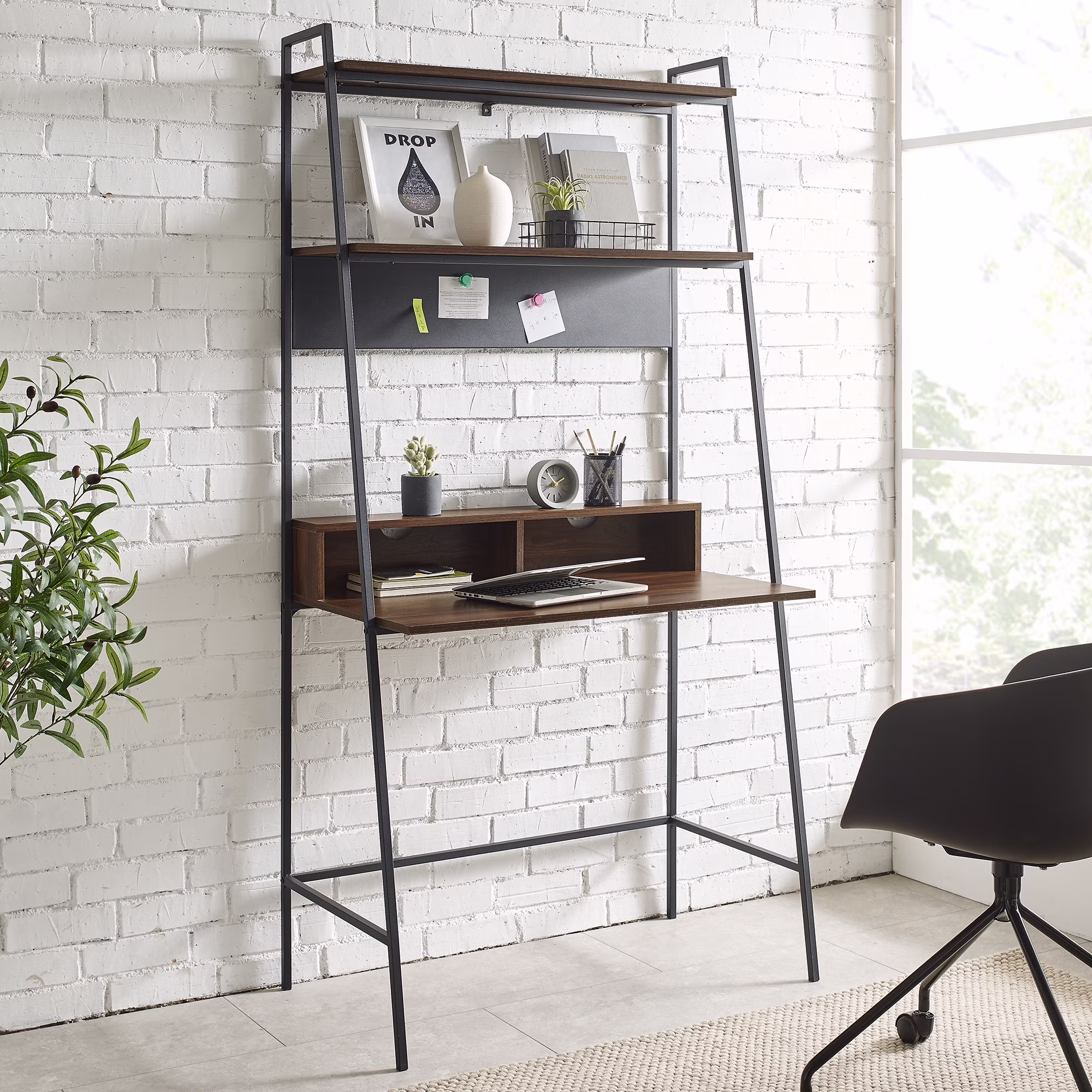 Woven Paths Modern Metal and Wood Ladder Computer Desk, Dark Walnut