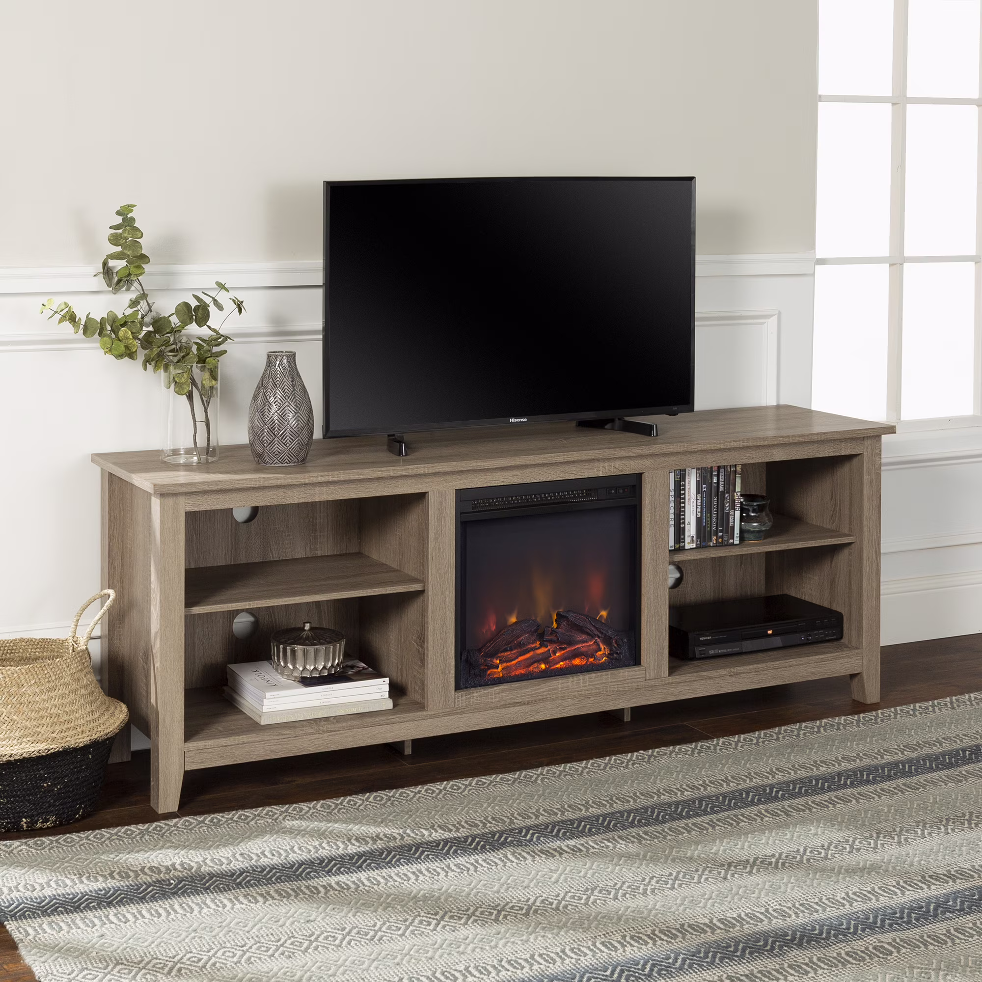 Woven Paths Open Storage Fireplace TV Stand for TVs up to 80", Driftwood