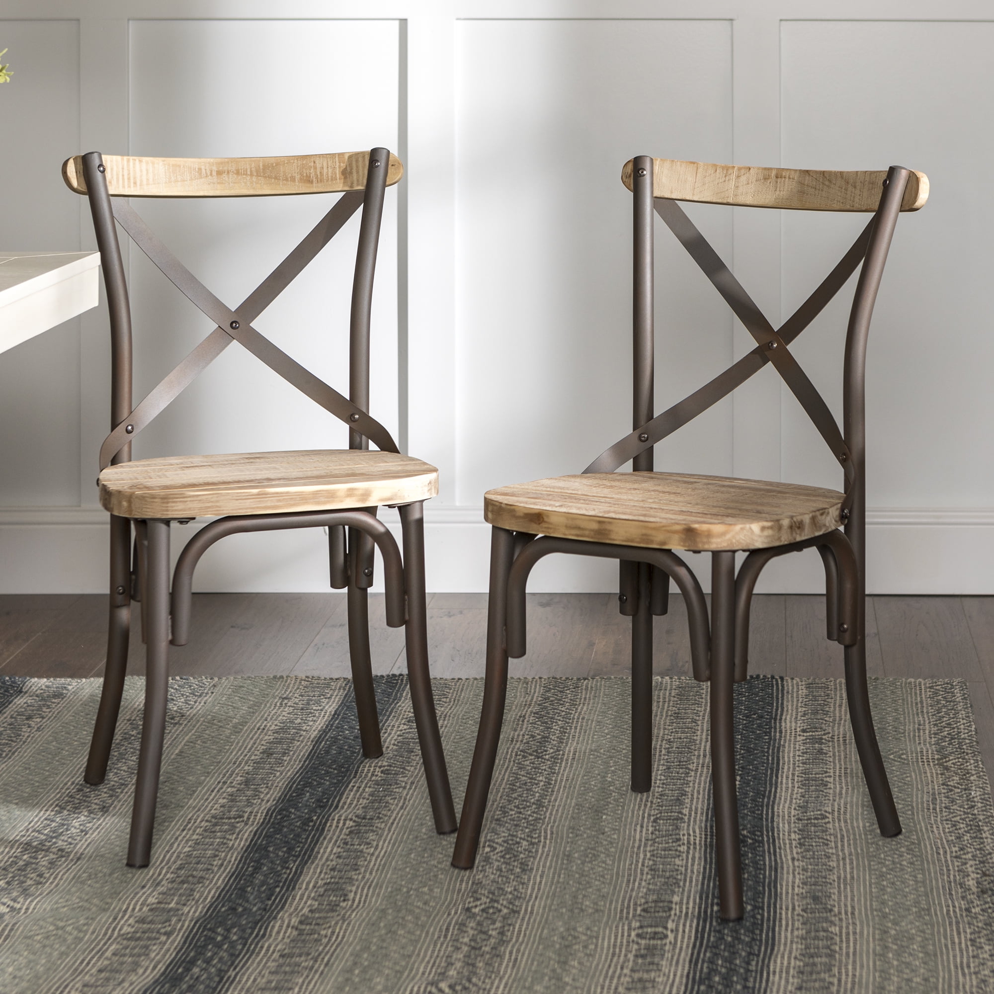 Woven Paths Rustic Solid Wood and Metal Dining Chairs, Brown, Set of 2