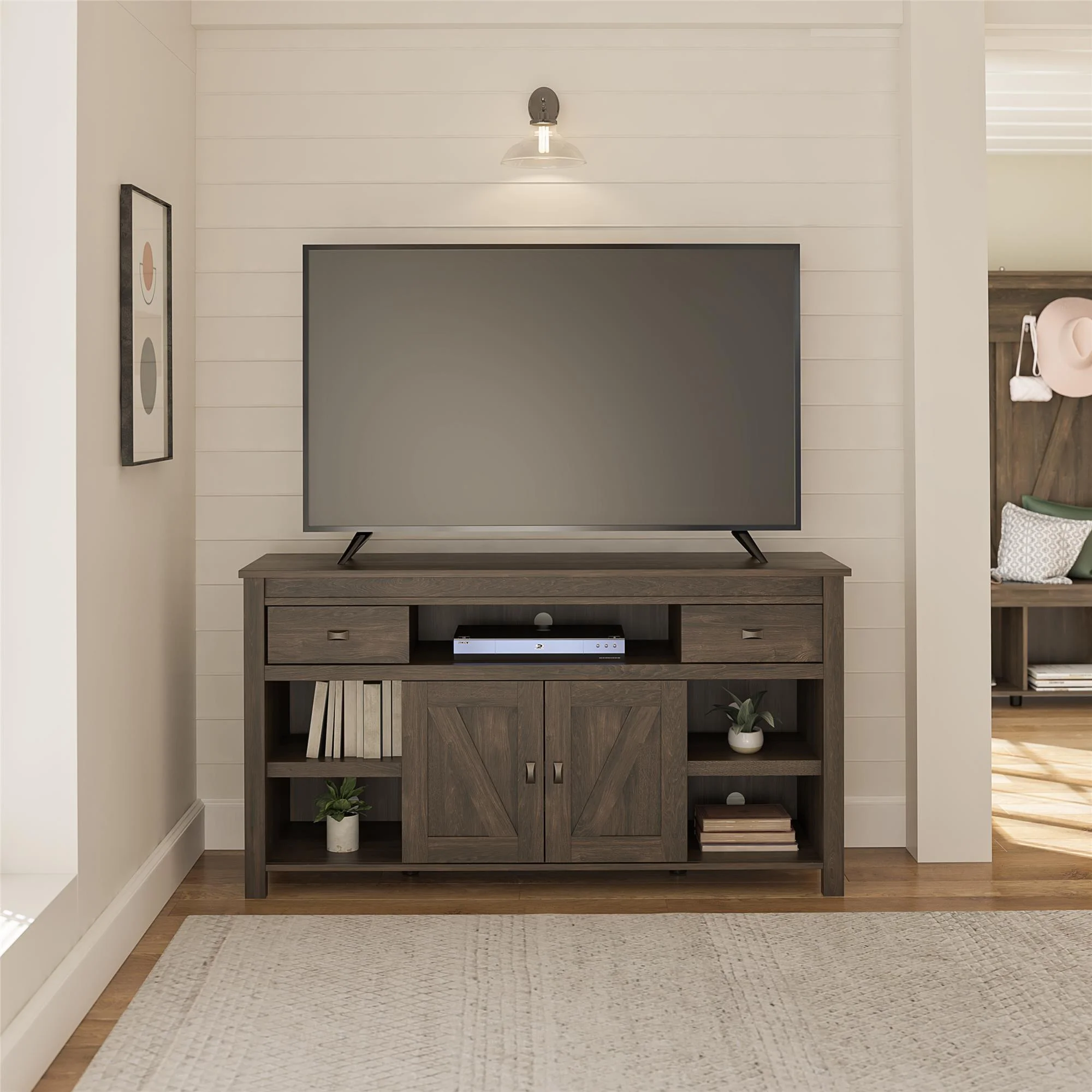 Woven Paths Scandi Farmhouse TV Stand for TVs up to 60", Weathered Oak