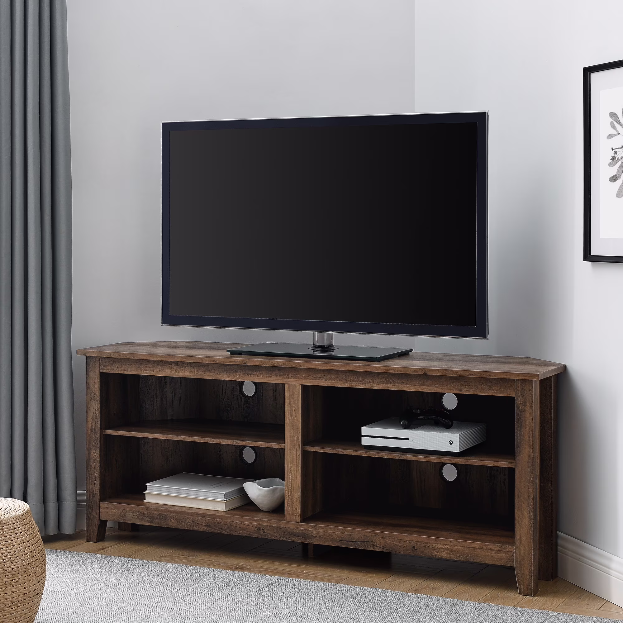 Woven Paths Transitional Corner TV Stand for TVs up to 65", Reclaimed Barnwood