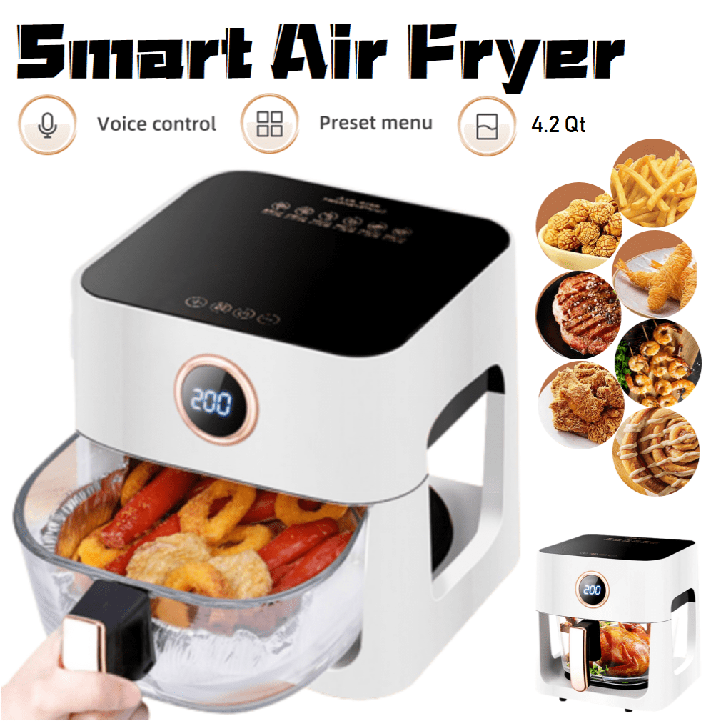 Wobythan Air Fryer 4.2 Quart White Deep Air Fryer With Voice Control, Oil-free Oven For French Fries