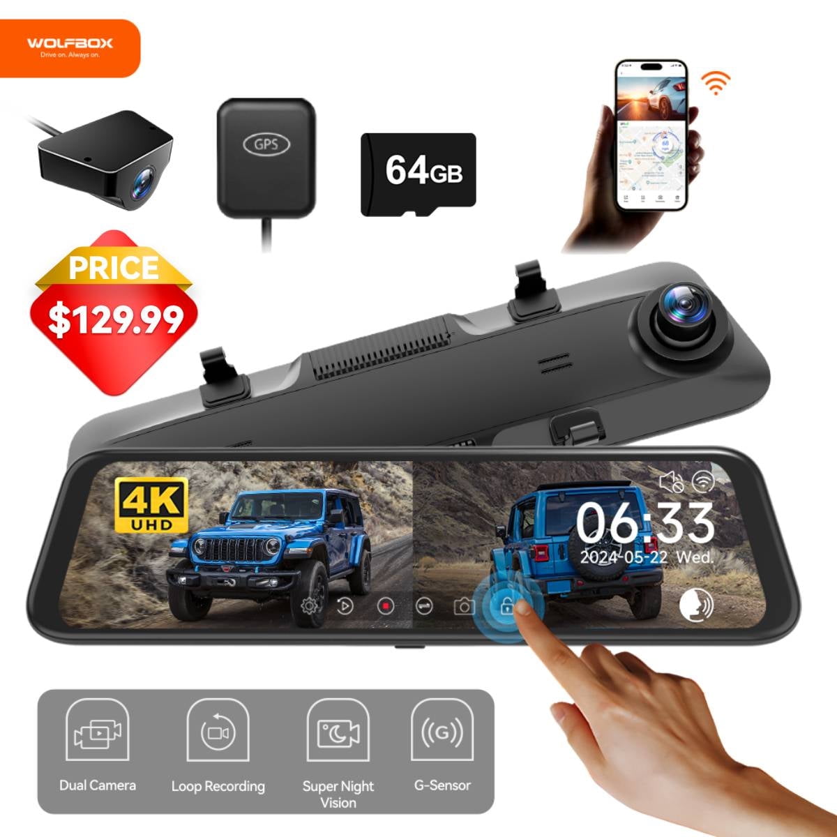 WolfBox Dash Cam, Dashcam 4K in Wifi& GPS, 12'' 4K+1080P Rear View Mirror Dash Cameras with Super Night Vision, See the license plate clearly, Free 64GB Card