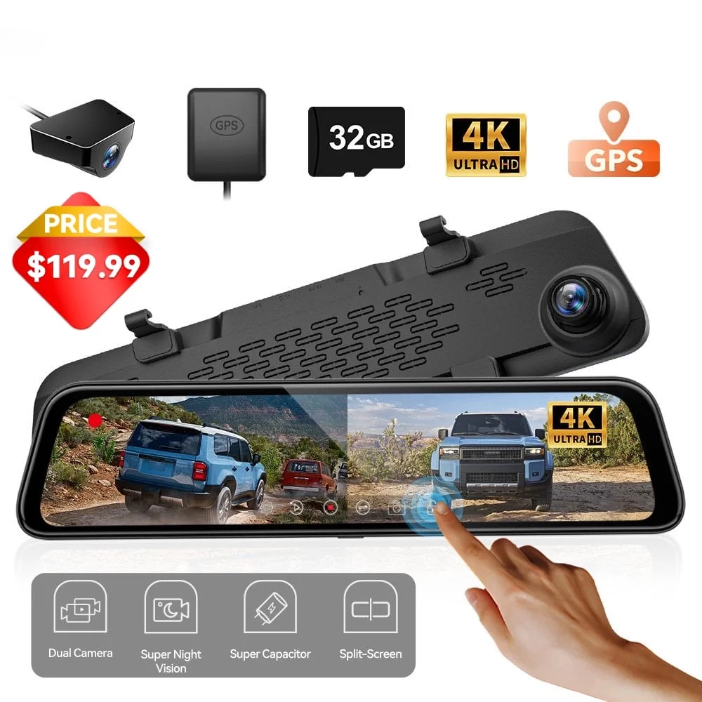 WolfBox Mirror Dash Cam, 12" 4K Rear View Mirror Dashcam with Full Touch Screen, Wifi & GPS, WDR, Super Night Vision, Free 32GB Card