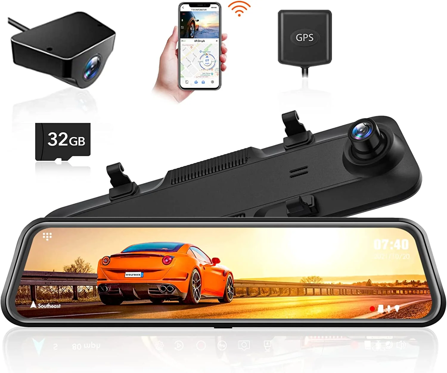 WolfBox Rear View Mirror Dash Cam, 2.5K Front + 1080P Rear Camera, 12'' Screen Mirror Car Dash Cam with Night Vision, Built-in Wi-Fi & GPS, 24H Parking Monitor, Free 32GB Card