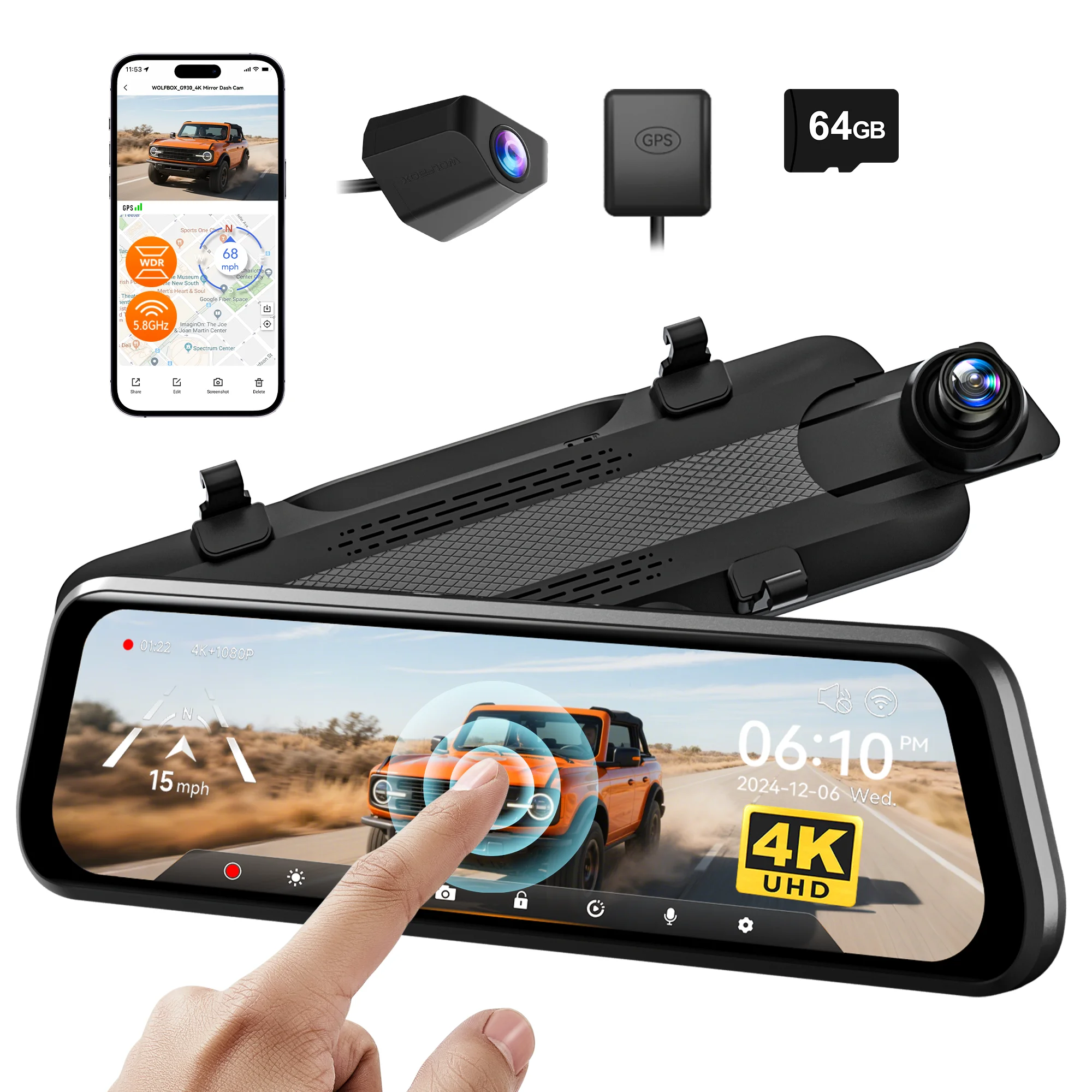 WolfBox 10" Touch Screen Dash Cam Front and Rear, 4K+1080P Rear View Mirror Backup Car Camera with Night Vision, GPS, Free 64GB Card