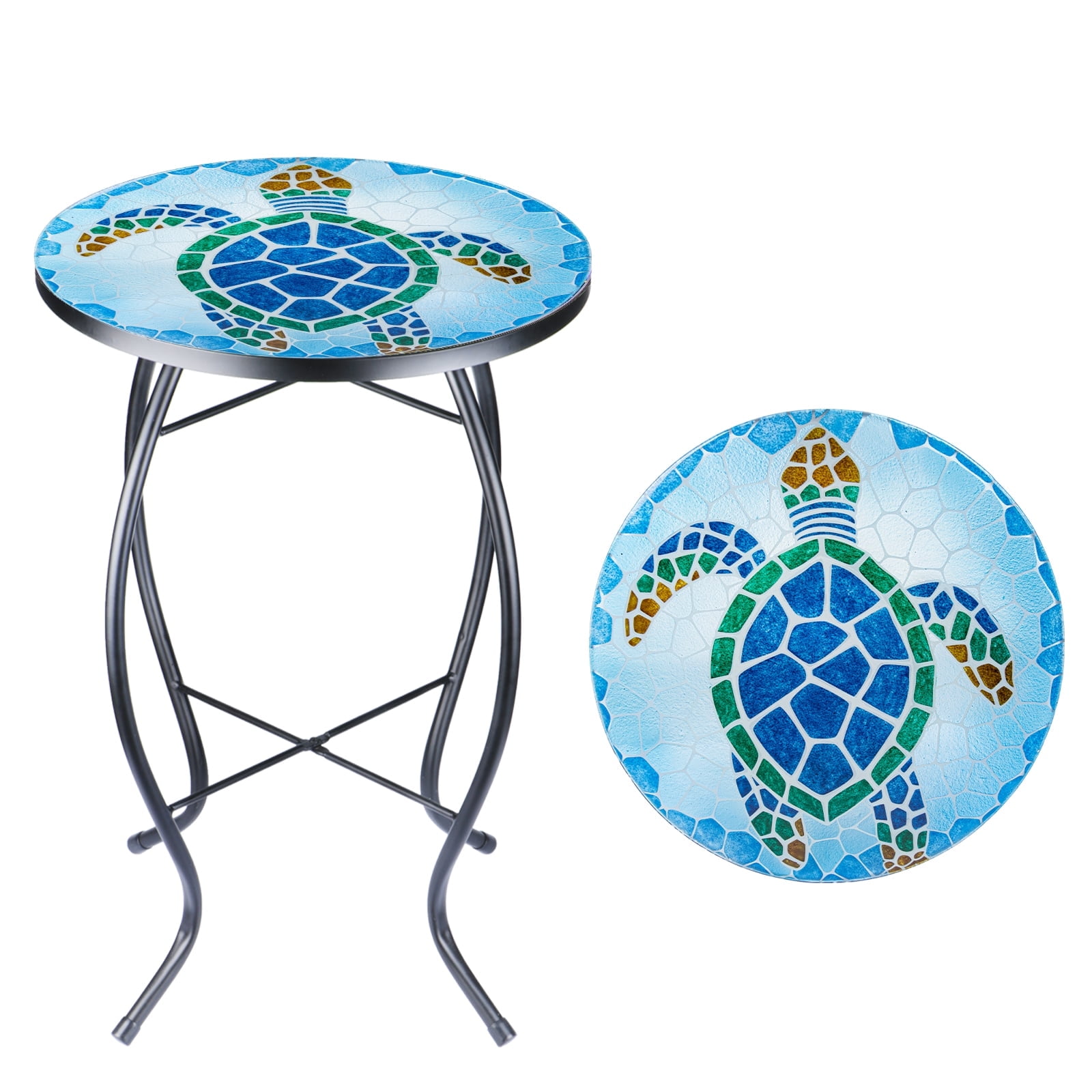 Wonder Garden 21 Inch Table Round Outdoor End Tables for Patio Mosaic Glass Tabletop Coffee Table Plant End Table Small Porch Table Indoor Green and Blue Sea Turtle