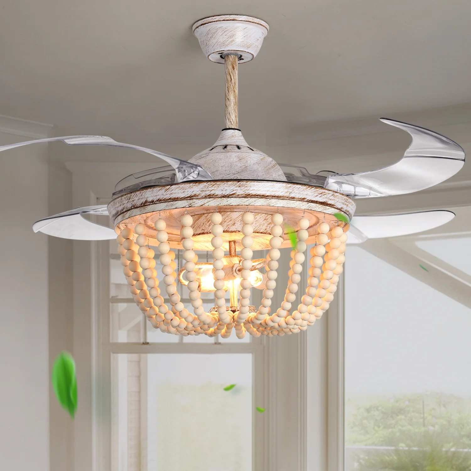 Wood Bead Ceiling Fan with Lights, Boho Chandelier, Reverse Retractable Blades, 42 inch 6-Gear Speed, Remote Control, Timing Function, For Kitchen, Living room, Bedroom （Bulb Not Included）