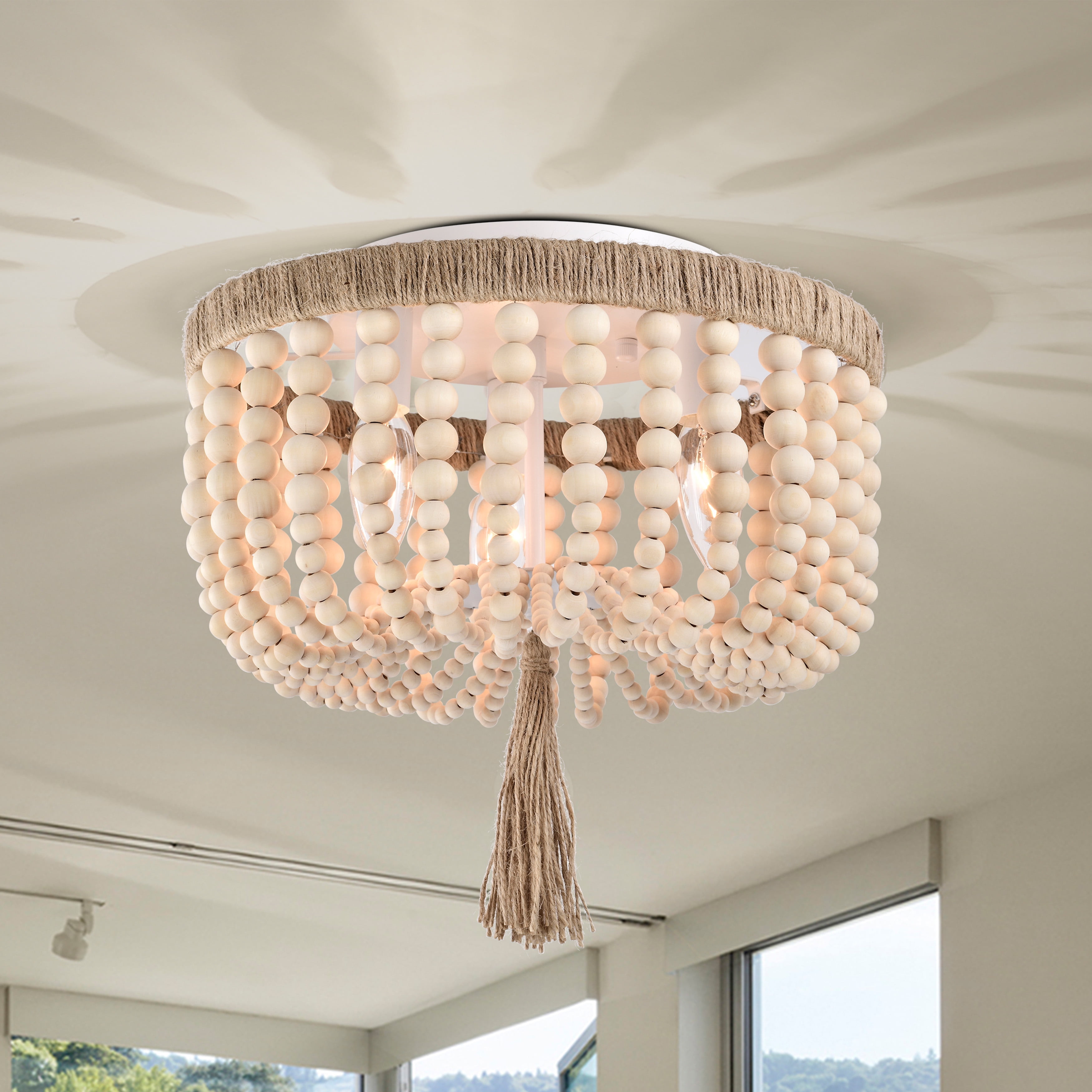 Wood Bead Chandelier Flush Mount Ceiling Light Fixture 3-Light Boho Light Fixtures Ceiling Farmhouse Chandeliers for Bedroom Dining Room