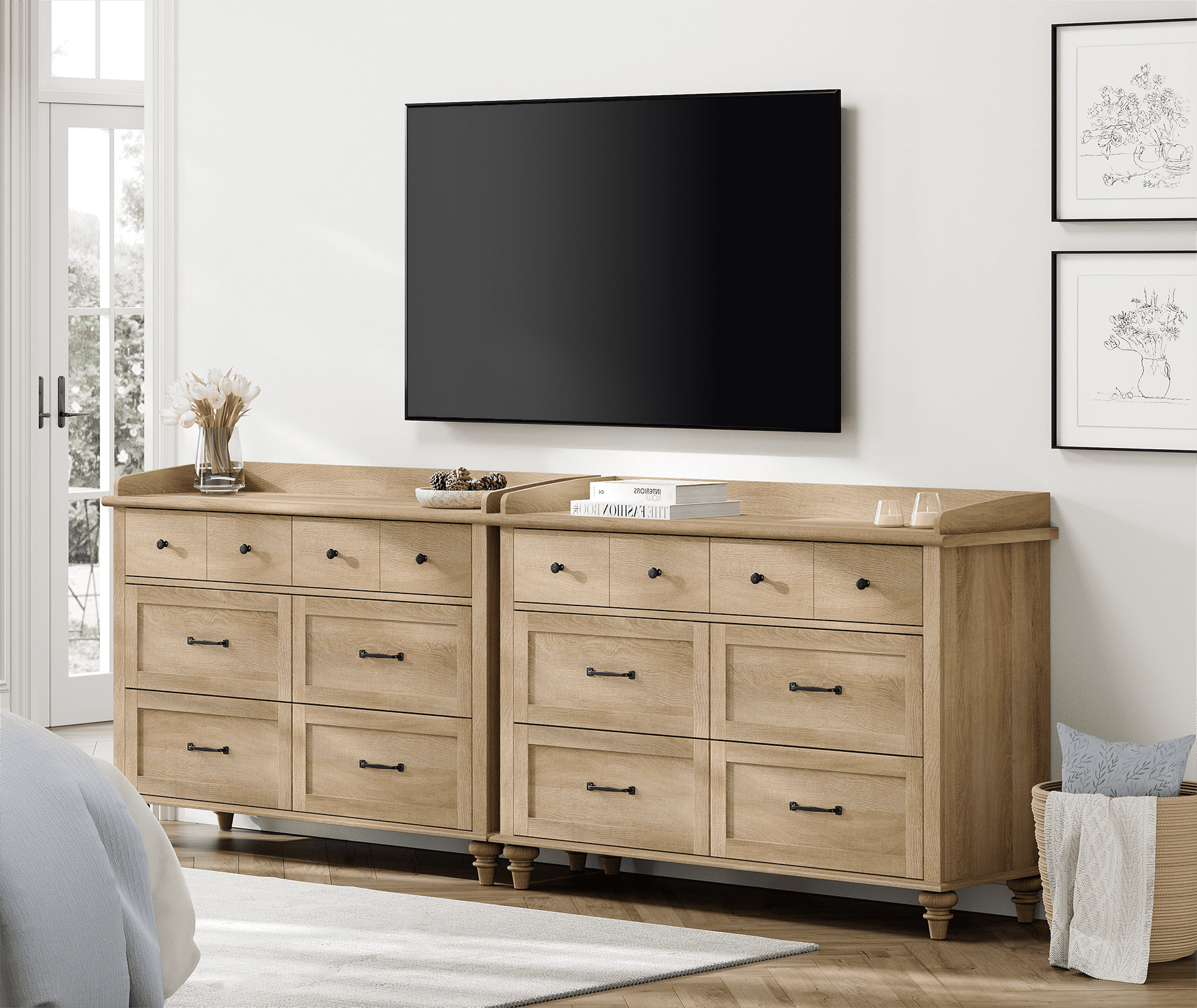 Wood Dresser with 12 Drawers, Nursery Dresser Chest of Drawers, Mid-Century Kids Dresser for Bedroom, Oak 94 inch