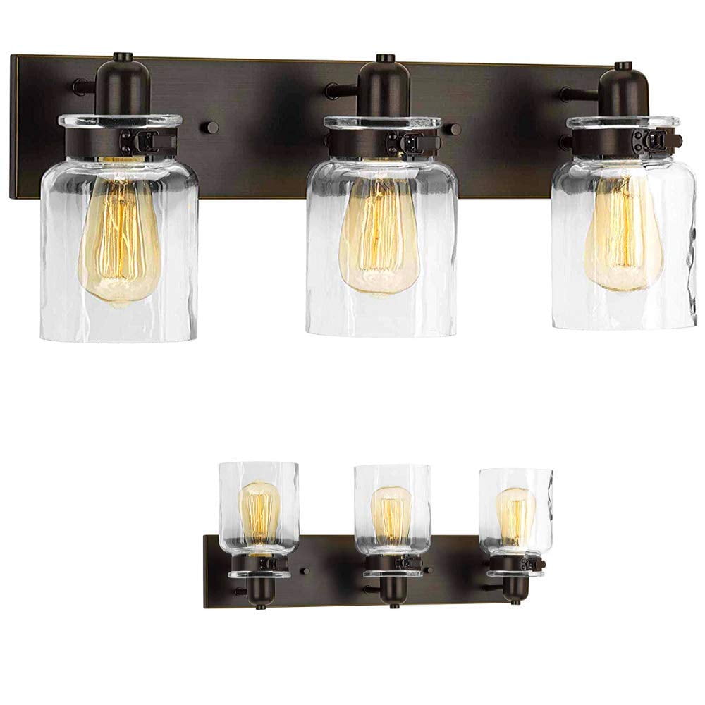Wood Grip Vintage 3-Light Antique Bronze LED Vanity Light with Glass Shades