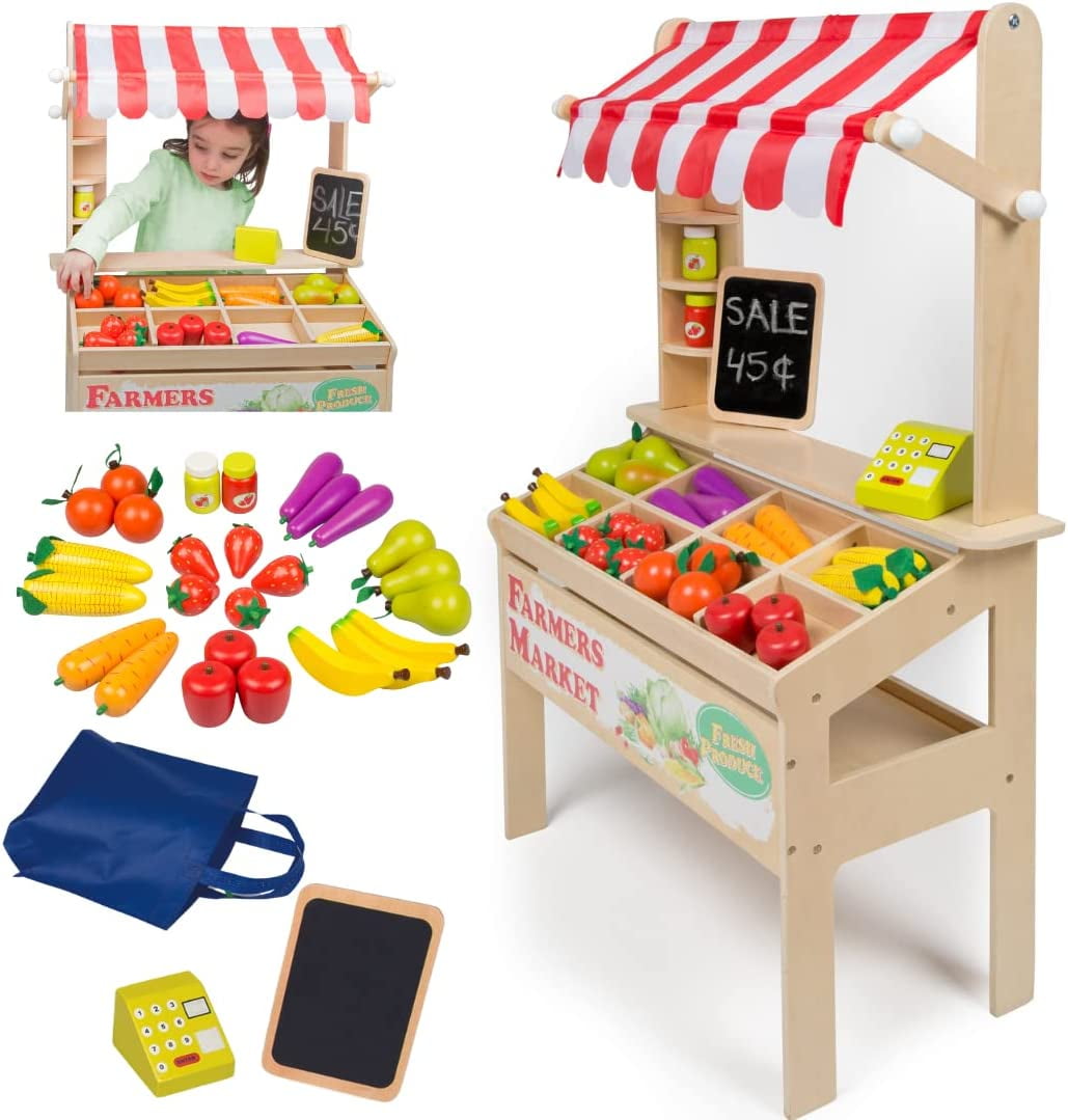 Wooden Farmers Market Stand - Kid's Playroom Furniture, Grocery Stand for Pretend Play (30+ Pieces) - Includes Fruit, Veggies, Chalkboard, and Cash Register, Fun Indoor Activity Set, Natural Wood