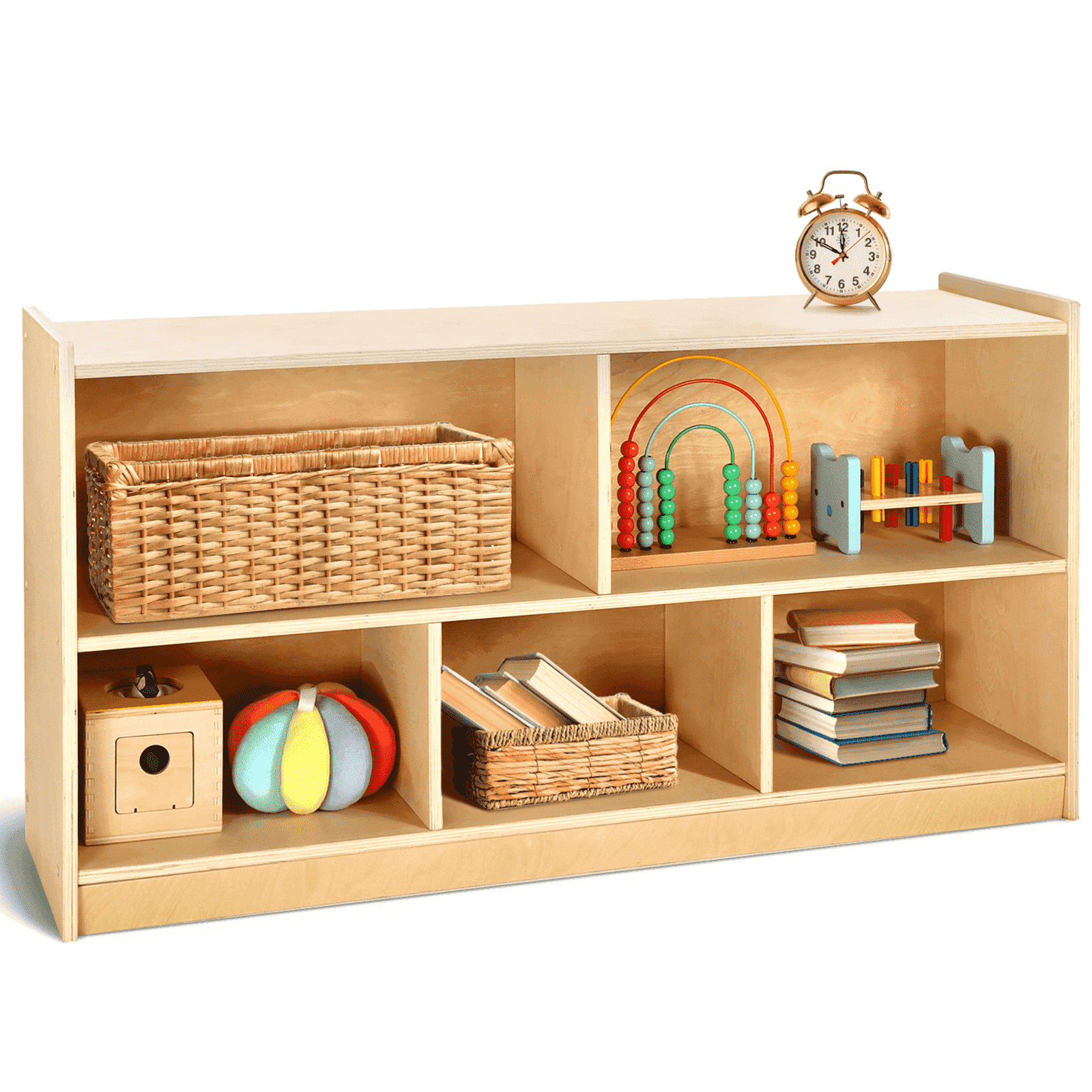 Sweet Time Wooden Storage Cabinet Montessori Bookshelf 5-Section Kids Toy Organizer Book Shelf Living Rooms Nursery Classroom