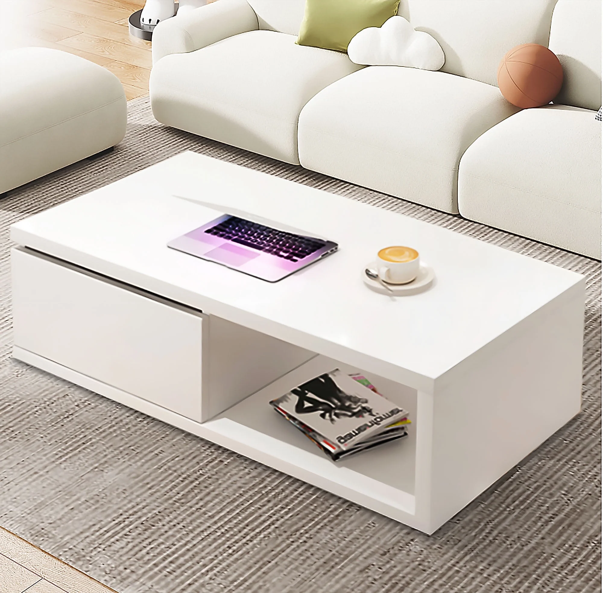 WoodFX Modern Wood Coffee Table with Storage Drawer and Open Cube for Living Room, White Finish