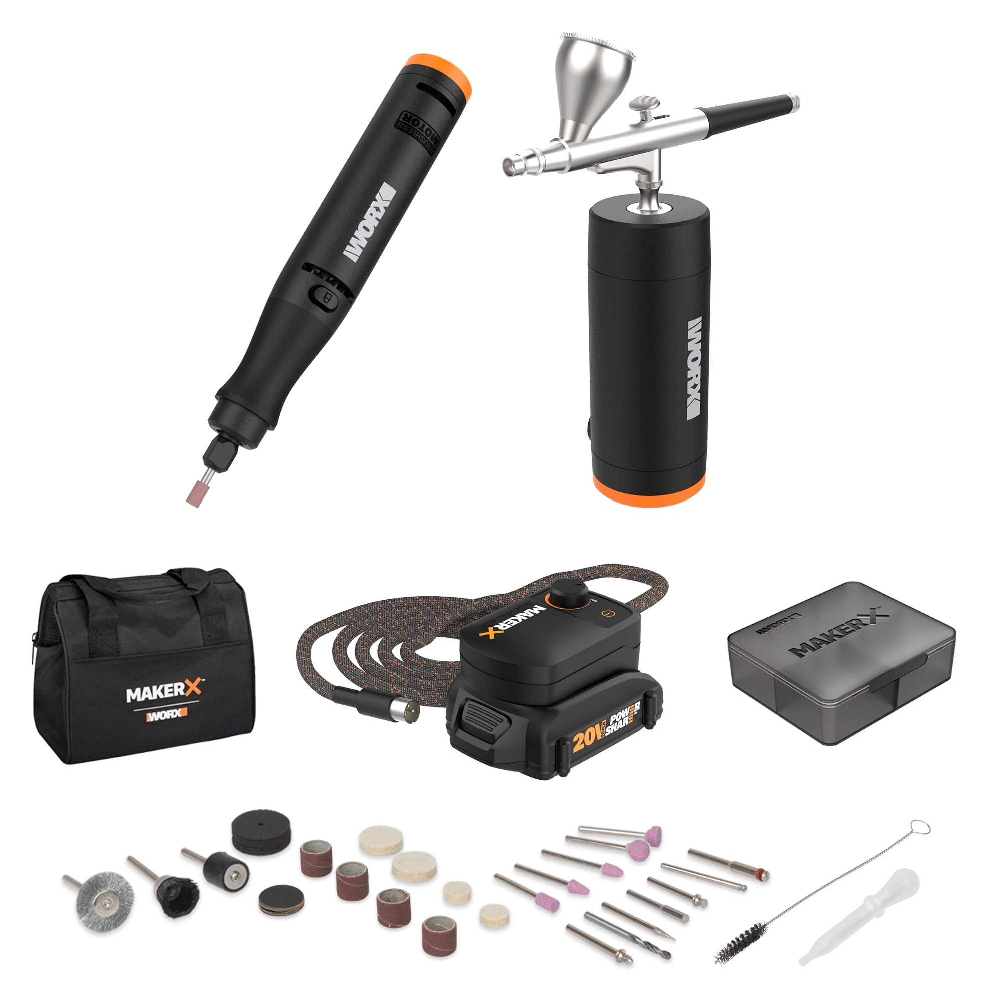 Worx MakerX WX992L 20V 2pc Crafting Tool Combo Kit - Rotary Tool + Air Brush