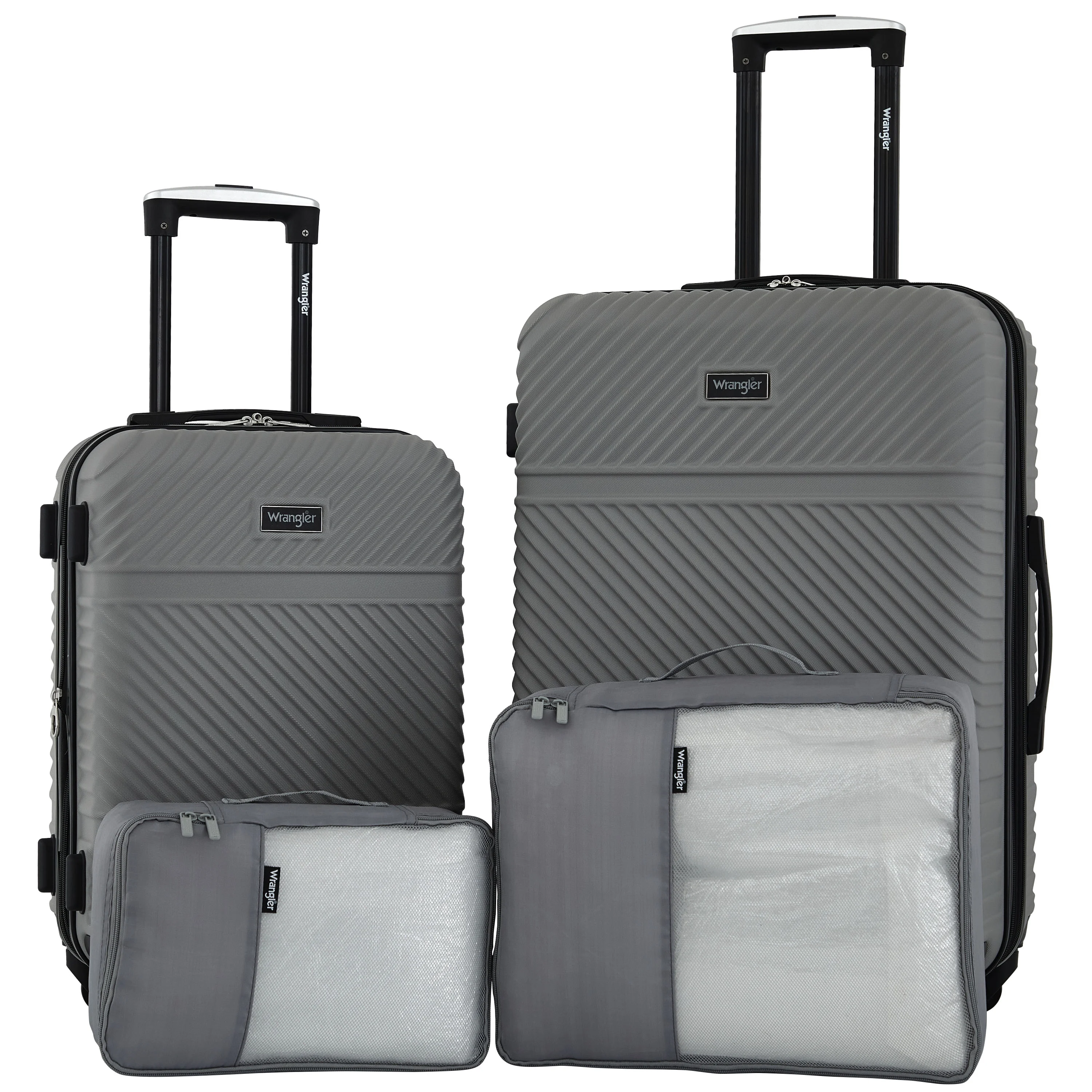 Wrangler 4 Piece Expandable Hardside Spinner Luggage Set with Packing Cubes, Sharkskin Grey