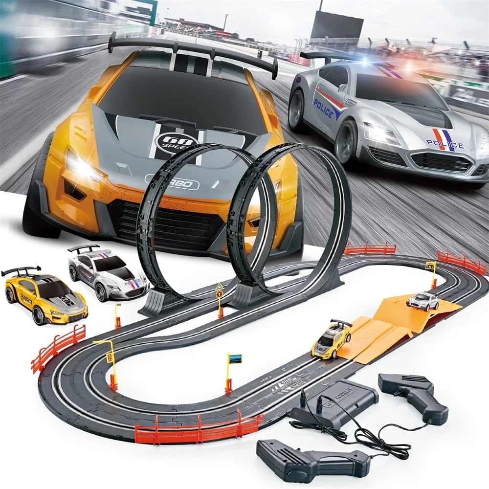 Wupuaait Remote Control Electric Cars Race Track Set with 2 Slot Cars LED Headlights for 3-12 Years Old Kids