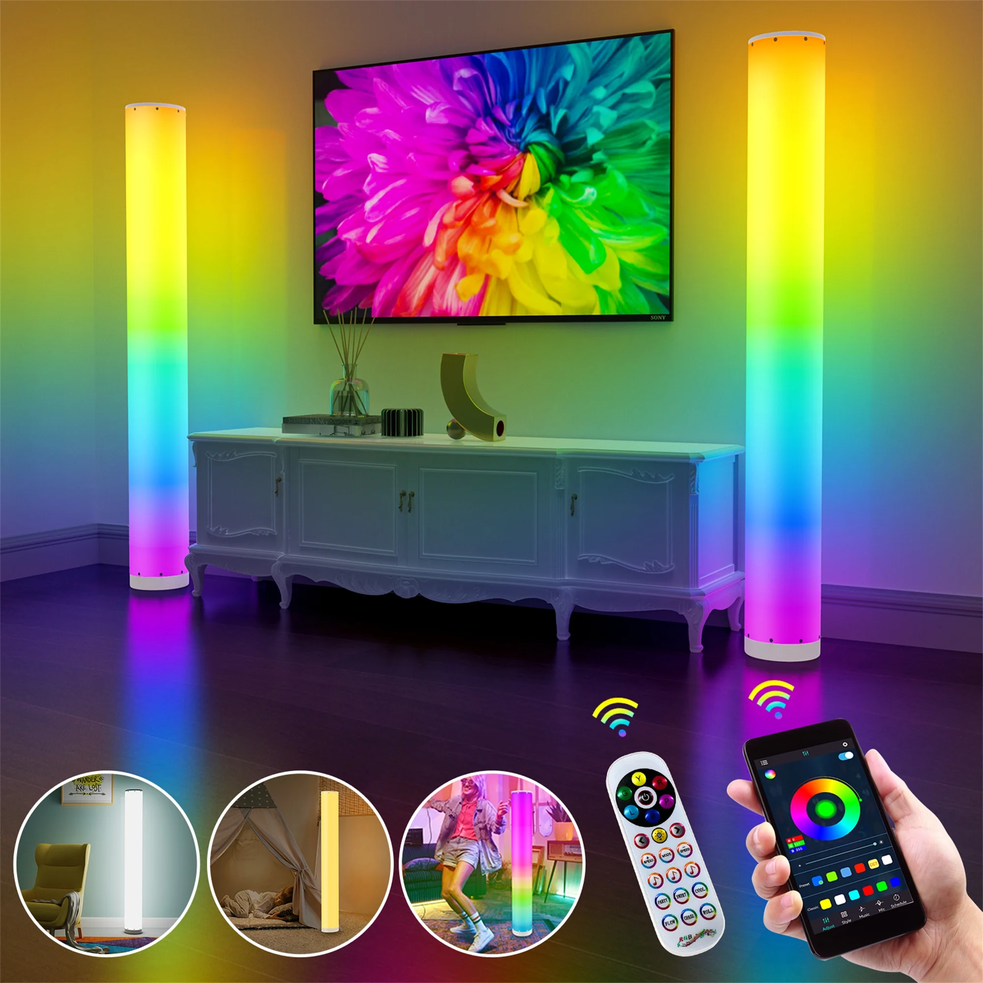 Wupuaait 40.9" Colorful LED Indoor Floor Corner Tall Lamp with Music Sync, App and Remote Controller, 2 Pack