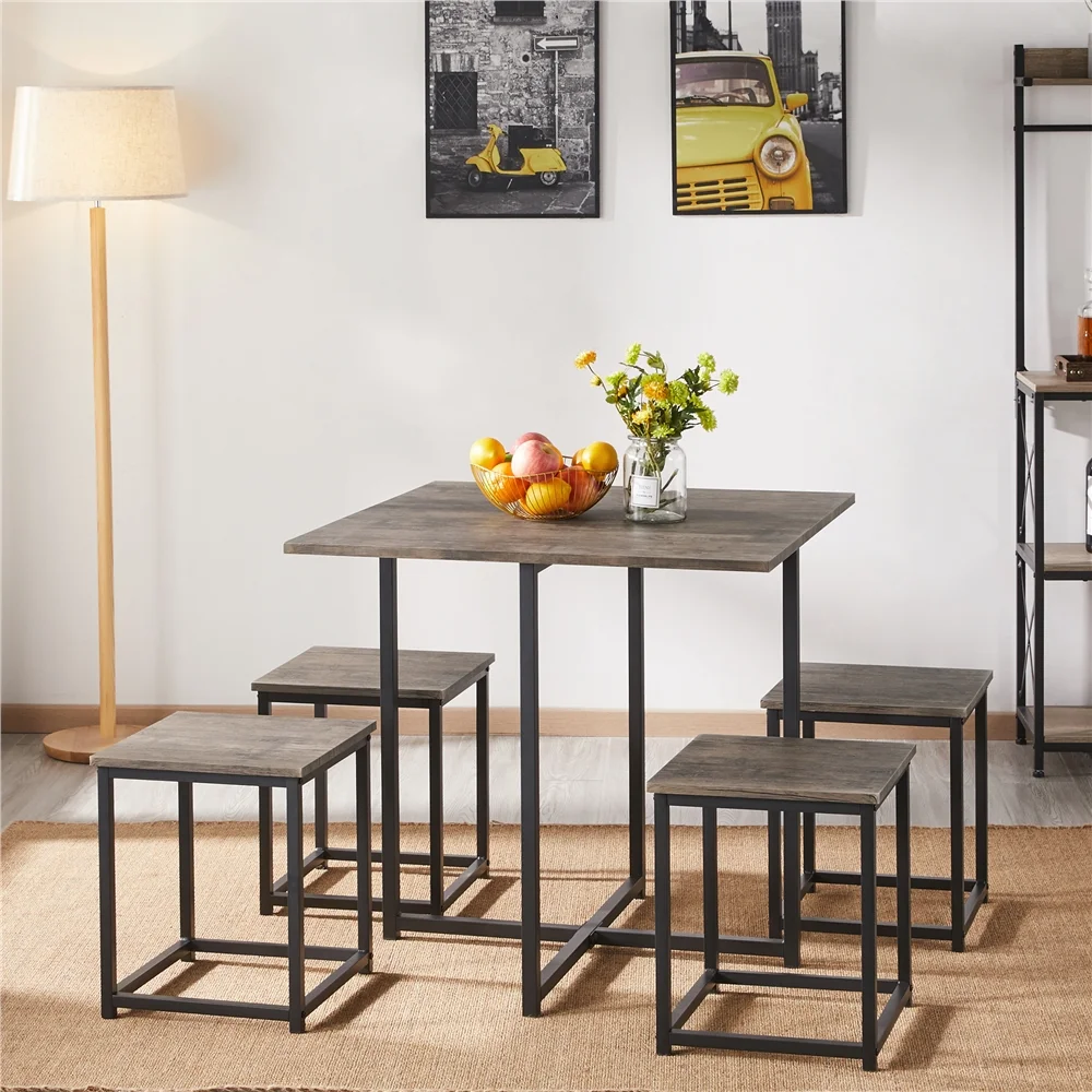 Yaheetech Industrial 5-Piece Dining Table Set with Backless Stools for Kitchen, Drift Brown
